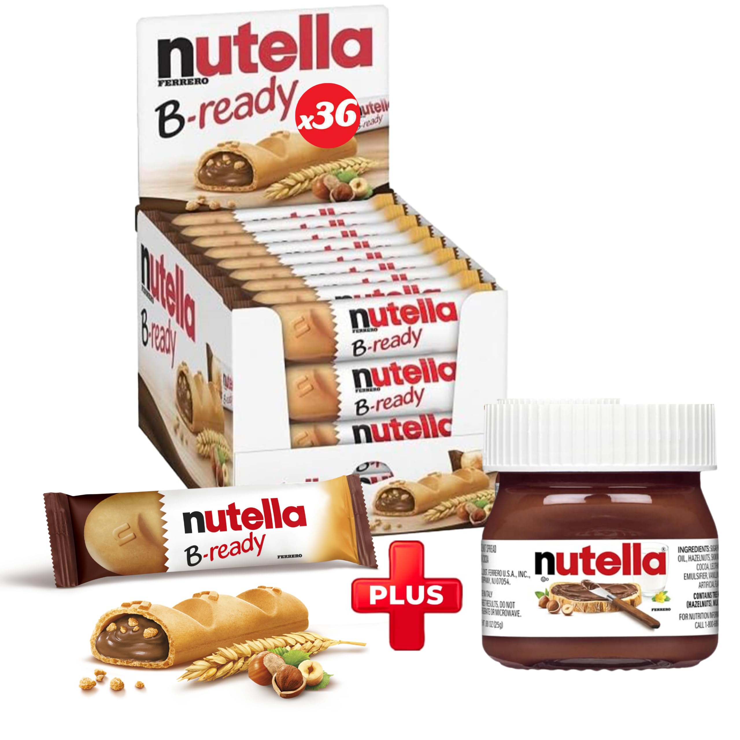 B-Ready Crispy Wafer Bars - 36 Count + Bonus Mini Glass Jar (0.88 oz) - Delicious Nutella Spread with Hazelnut and Cocoa - Perfect Snack for Anytime and Anywhere - Bulk Pack