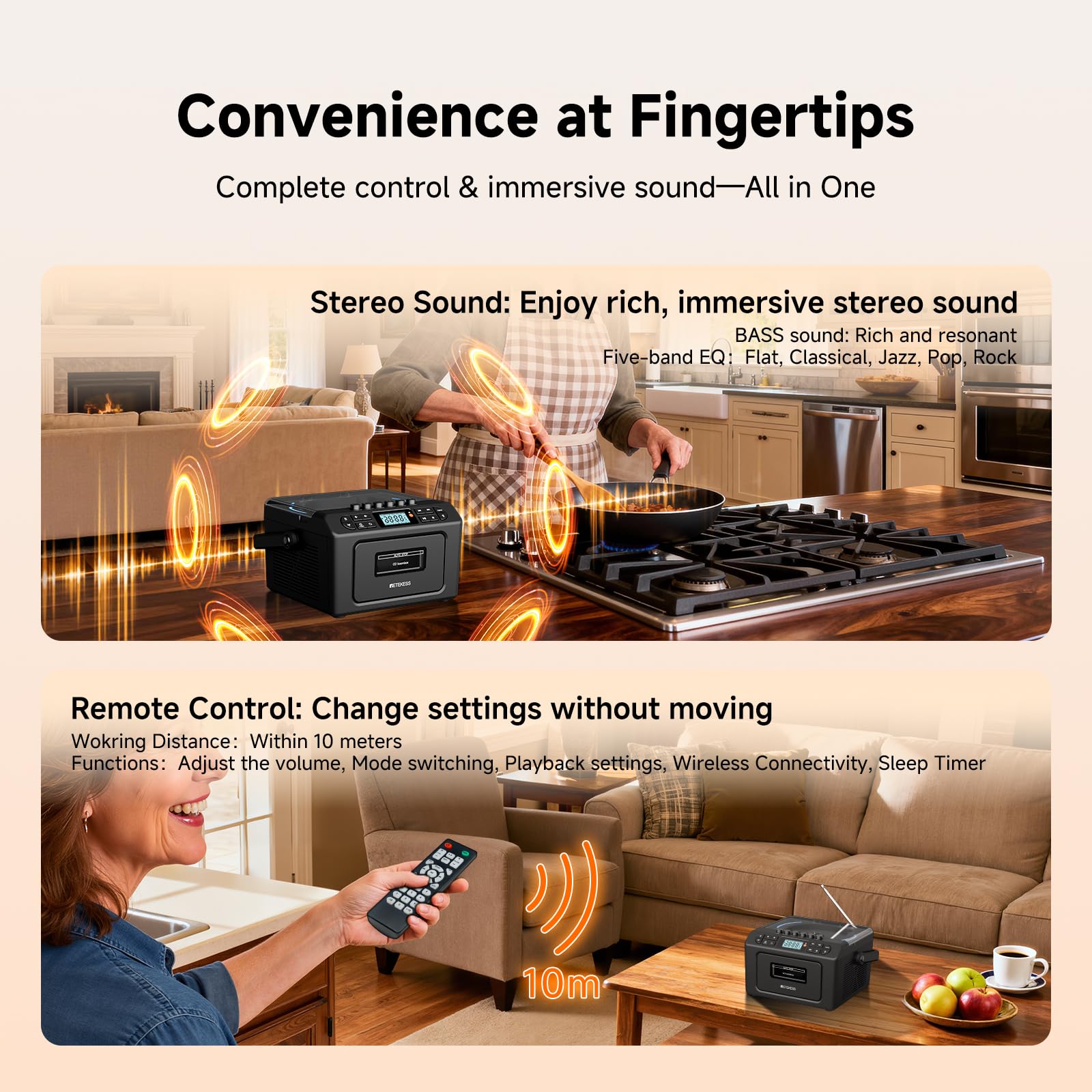 Retekess TR642 Lecteur CD Portable Radio AM FM Cassette Batterie 5000 mAh Boombox Stéréo