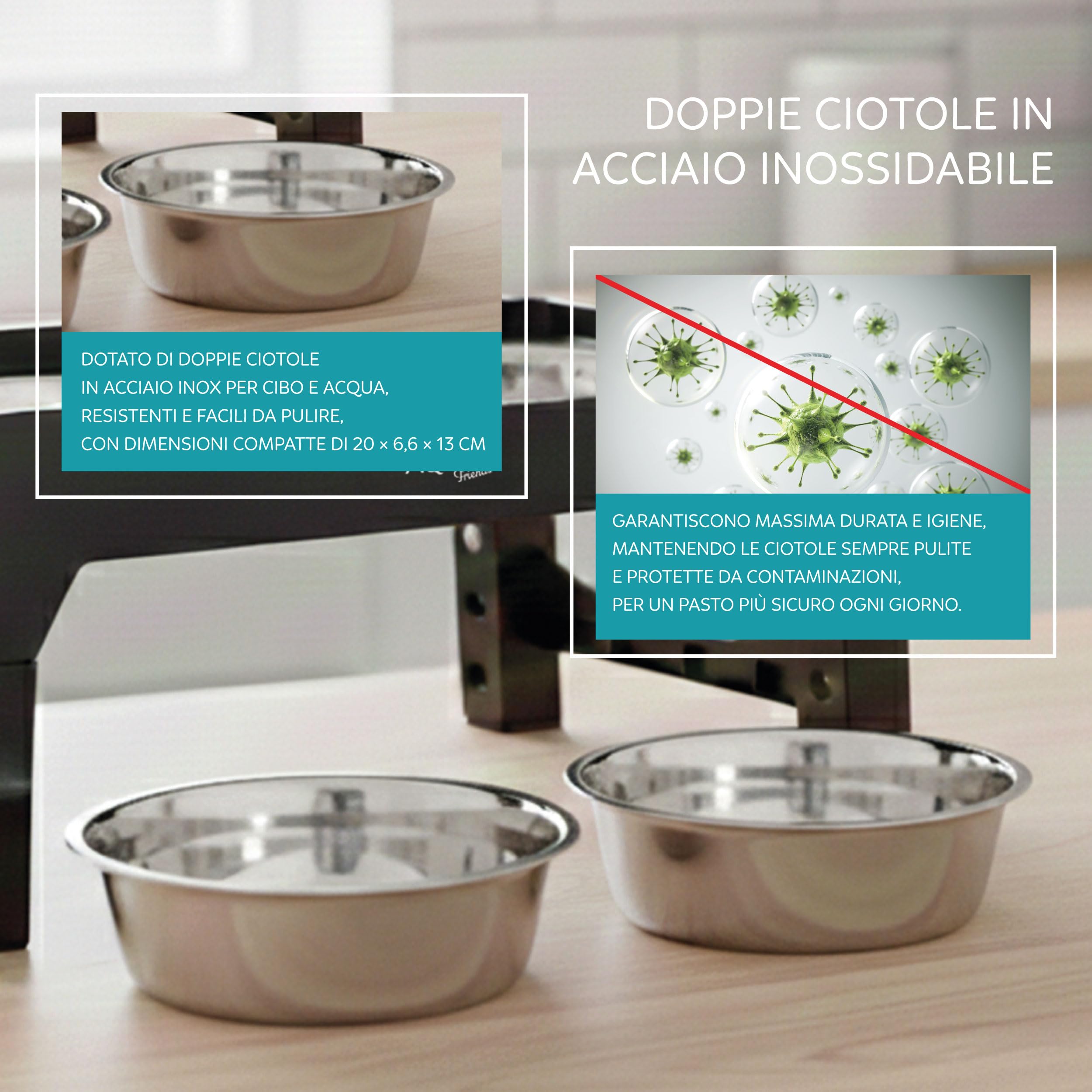 AqpetFriends Porta Ciotole Rialzato per Cani a 3 Livelli Regolabili – Supporto Antiscivolo 40x22x8-26h cm con 2 Ciotole in Acciaio Inox Ø14 cm – Migliora la Postura Durante il Pasto