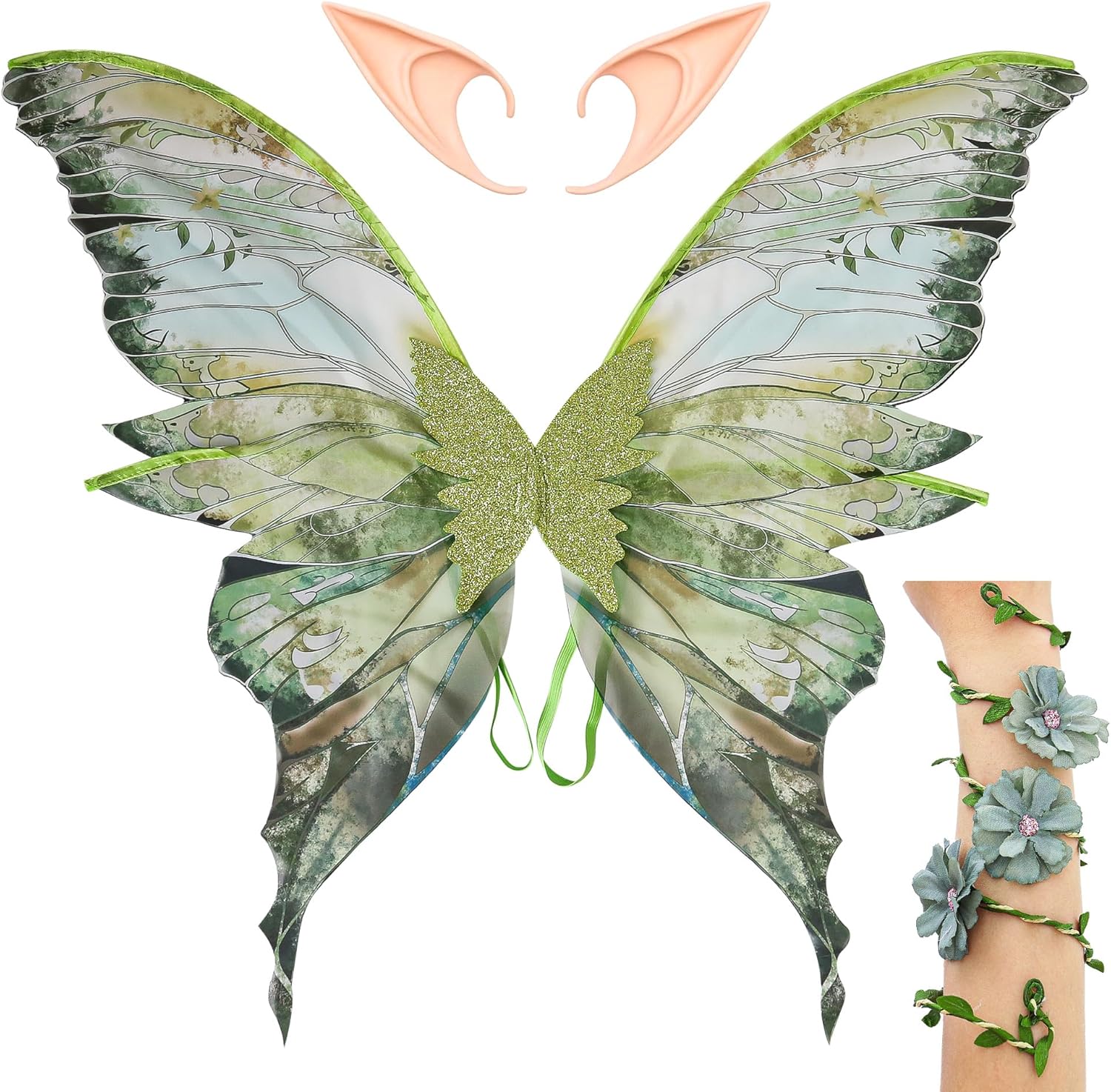 Fairy Wings Costume Set for Adults - Cosplay Accessories Butterfly Wings with Elf Ears, Fairy Flower Arm Wrap for Halloween Green