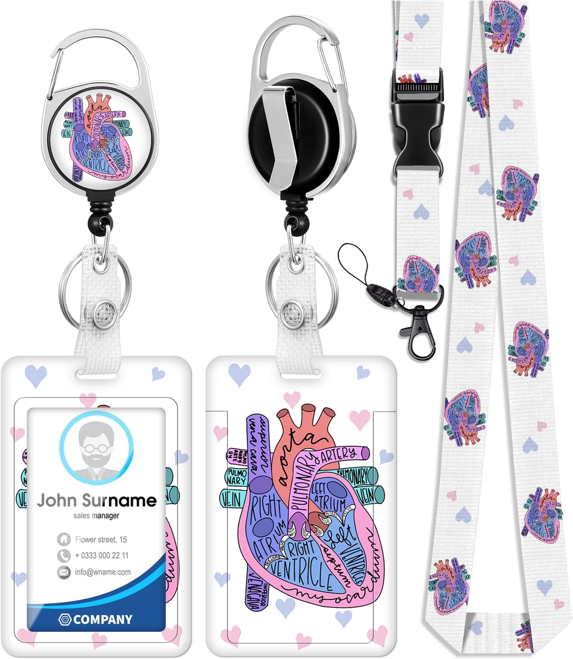 ID Badge Holder with Lanyard and Retractable Badge Reel Clip, Cardiac Heart Anatomy Card Name Tag Lanyard Vertical ID Protector Bage Clips for Nurse Nursing Doctor Student-2
