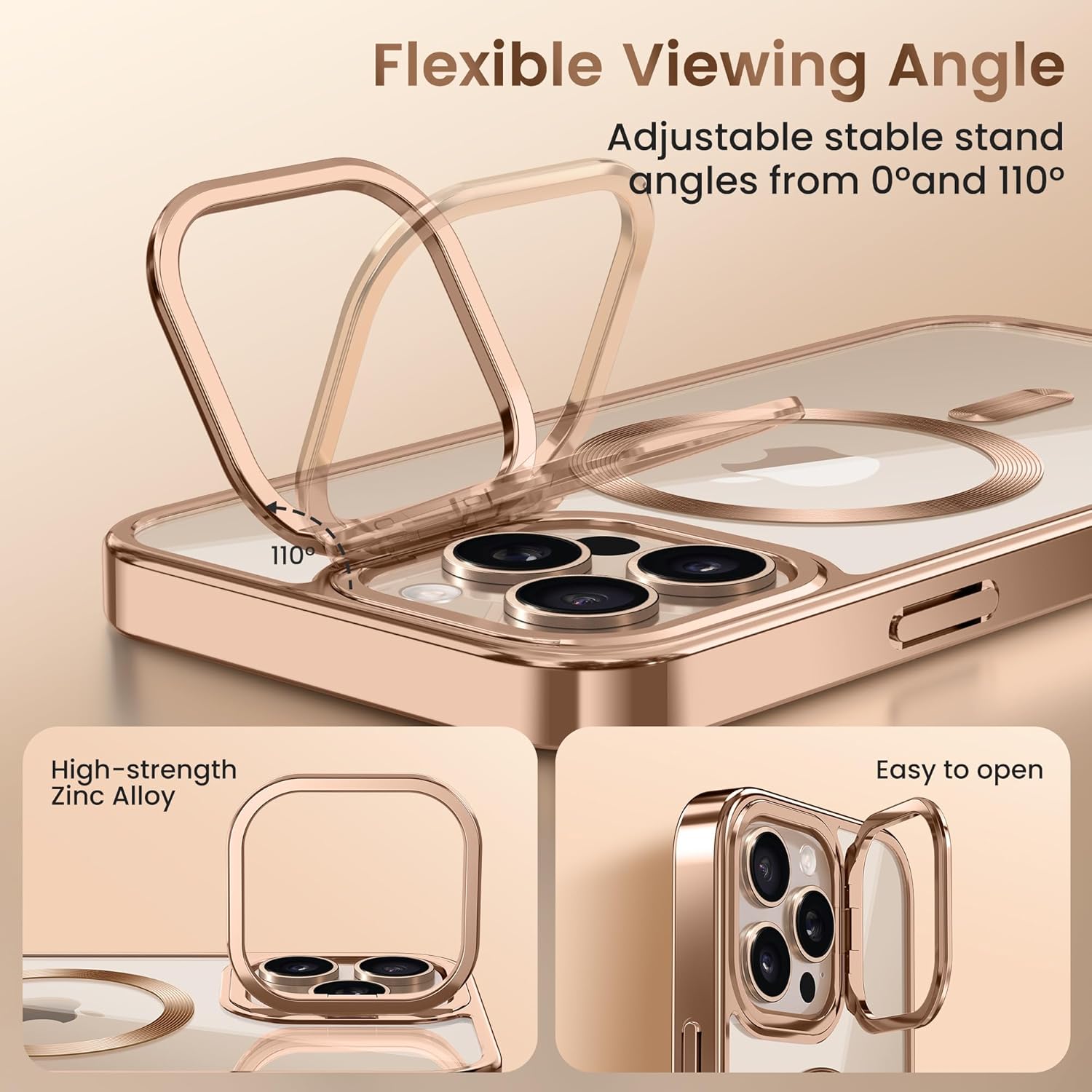 GolbinBox Magnetic for iPhone 16 Pro Case with Stand, [Compatible with MagSafe], Camera Control Capture Button, 16FT Military-Grade Protection, Shockproof Slim Phone Case 6.3"(Rose Gold/Clear)