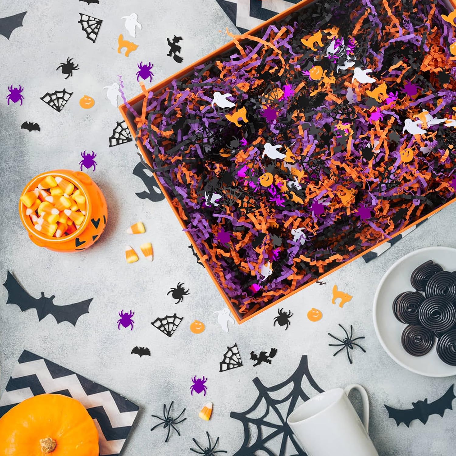 CIPOWM Halloween Crinkle Cut Paper Shred, 3 Colors Raffia Paper Shred Filler with Halloween Confetti Shredded Paper Grass for Gift Wrapping Craft DIY Gift Bag Box Filling Party Supply, 115g/4oz