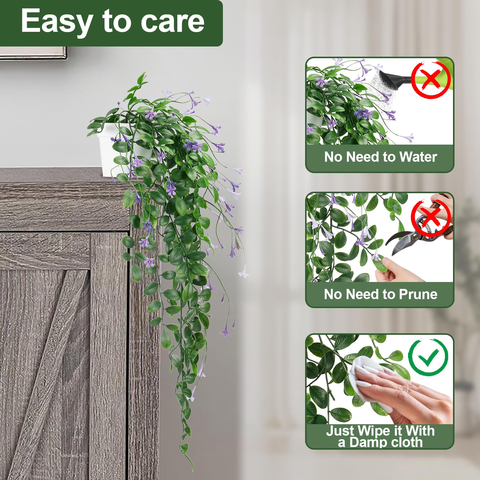 Plantas Colgantes Artificiales, 2 Hojas de Hiedra Artificial con Flores moradas para Boda, Pared, casa, habitación, Patio, Interior, Exterior, hogar, Oficina, decoración Morada