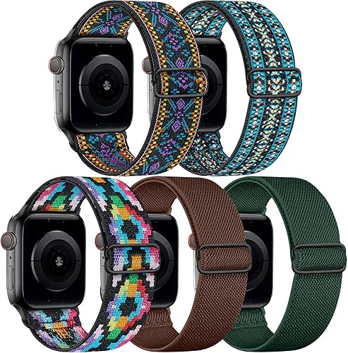 Miniatura 15 de 5 Pack de bandas elásticas de nylon compatibles con Apple Watch de 40 mm, 41 mm, 42 mm, 44 mm, 45 mm, 46 mm, 49 mm, 38 mm para mujeres y hombres