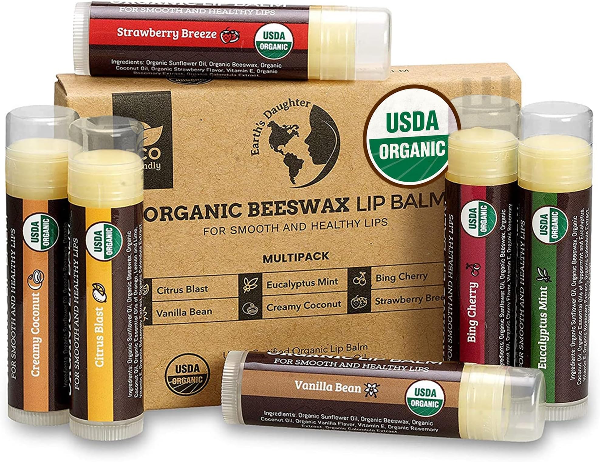 Earth's Daughter USDA Organic Lip Balm 6-Pack - Fruit Flavors, Beeswax, Coconut Oil, Vitamin E - Best Lip Repair Chapstick for Dry Cracked Lips - Moisturizing Lip Care