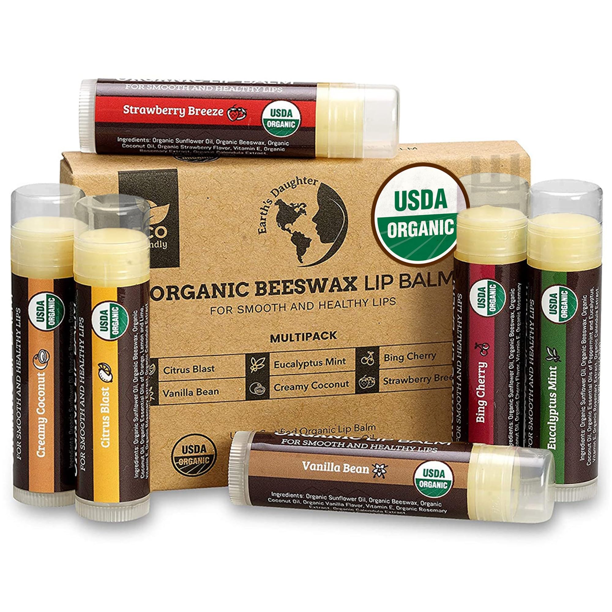 USDA Organic Lip Balm 6-Pack - Fruit Flavors, Beeswax, Coconut Oil, Vitamin E - Best Lip Repair Chapstick for Dry Cracked Lips - Moisturizing Lip Care