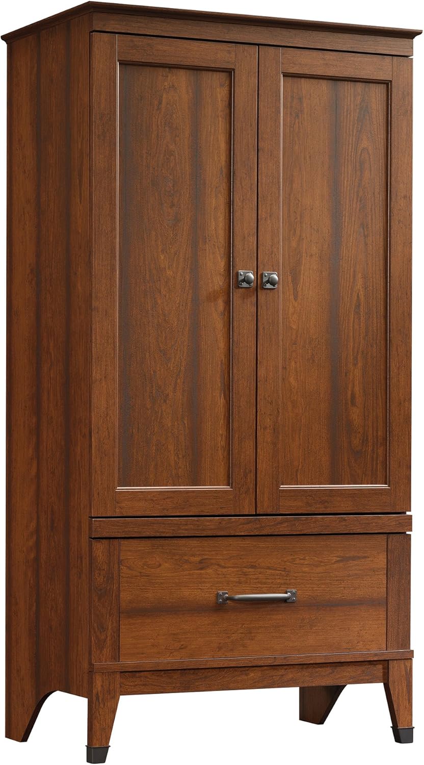 Sauder Carson Forge Armoire Shoal Creek Dresser Bundle | Washington Cherry and Oiled Oak Finish