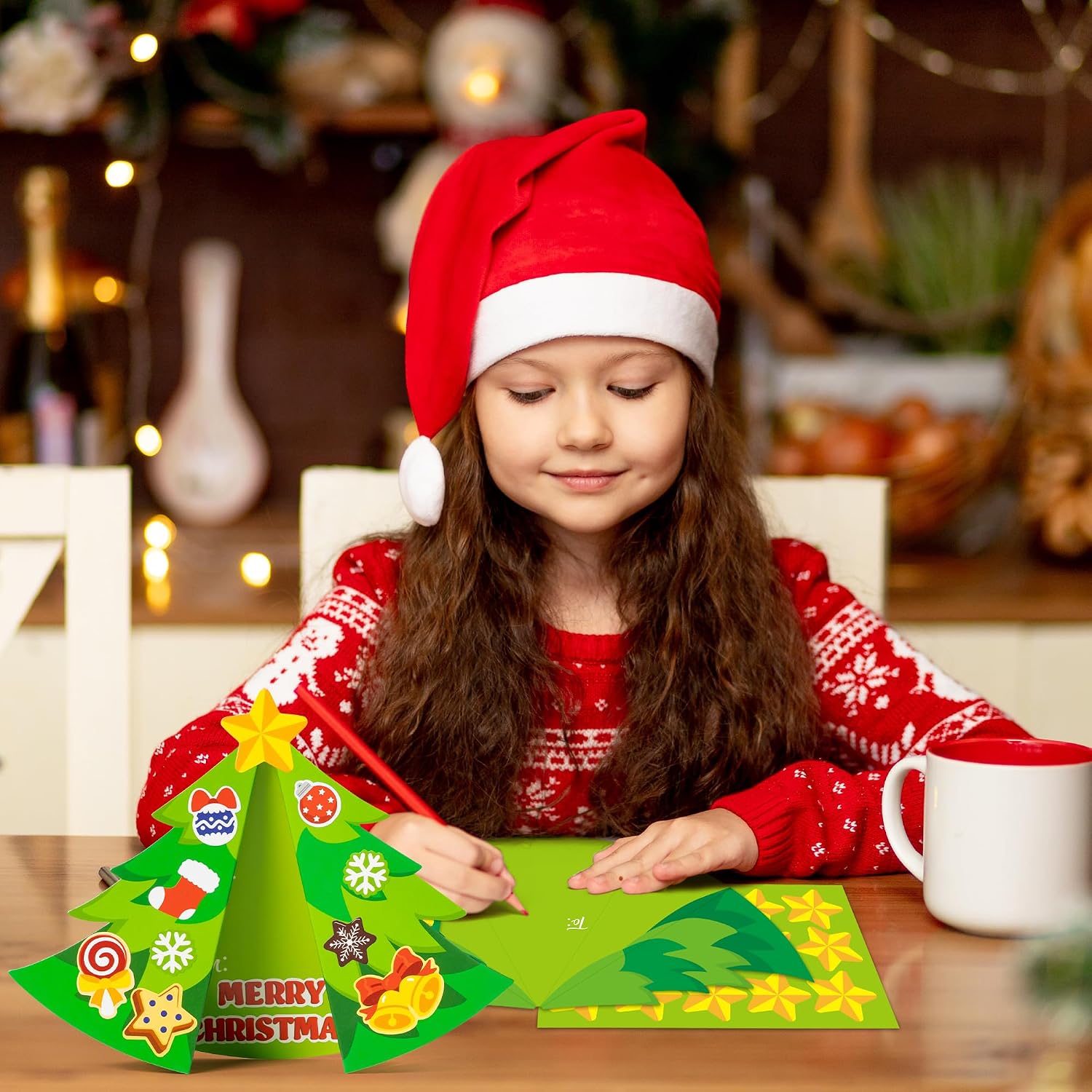BeYumi Christmas Tree Card Craft - 30Pcs DIY Christmas Tree Craft Kit for Kids 3D Xmas Blessing Greeting Cards with Sticker for Home School Classroom Holiday Fun Activities