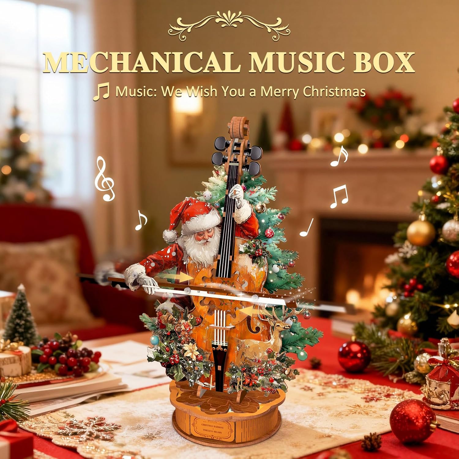 WOODBESTS 3D Wood Puzzles for Adults, Mechanical Music Box-Christmas Concerto Cello, DIY Rotating Model Building Kits for Teens, DIY Crafts/Desk Decor/Hobbies Creative Gift for Boys Girls