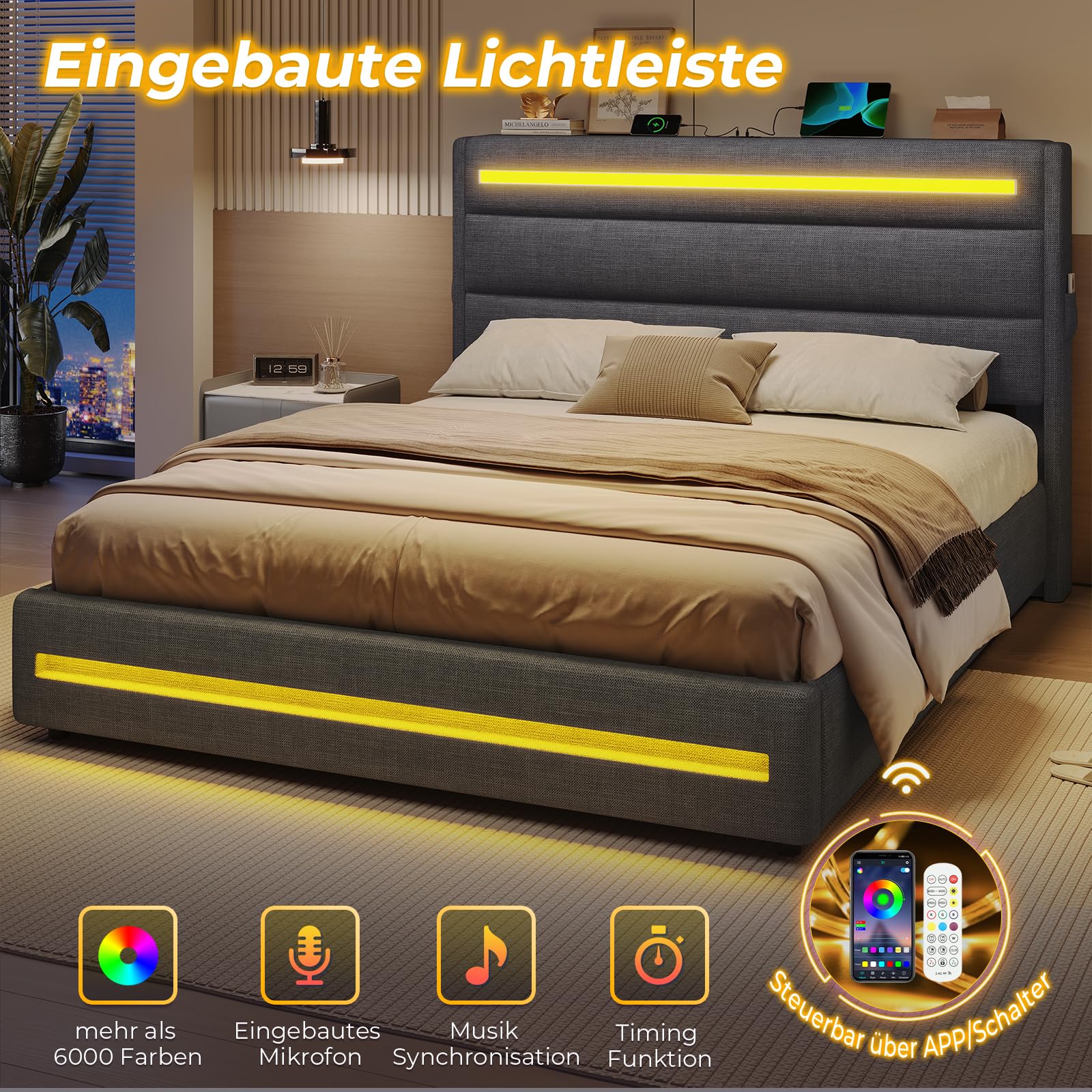 KIMENICH Bett 140X200 mit LED-Beleuchtung, Hydraulisches Bett 140x200 cm, Polsterbett Doppelbett, Bettgestell mit Stauraum und Lattenrost, Schlafzimmer, Leinenstoff Grau