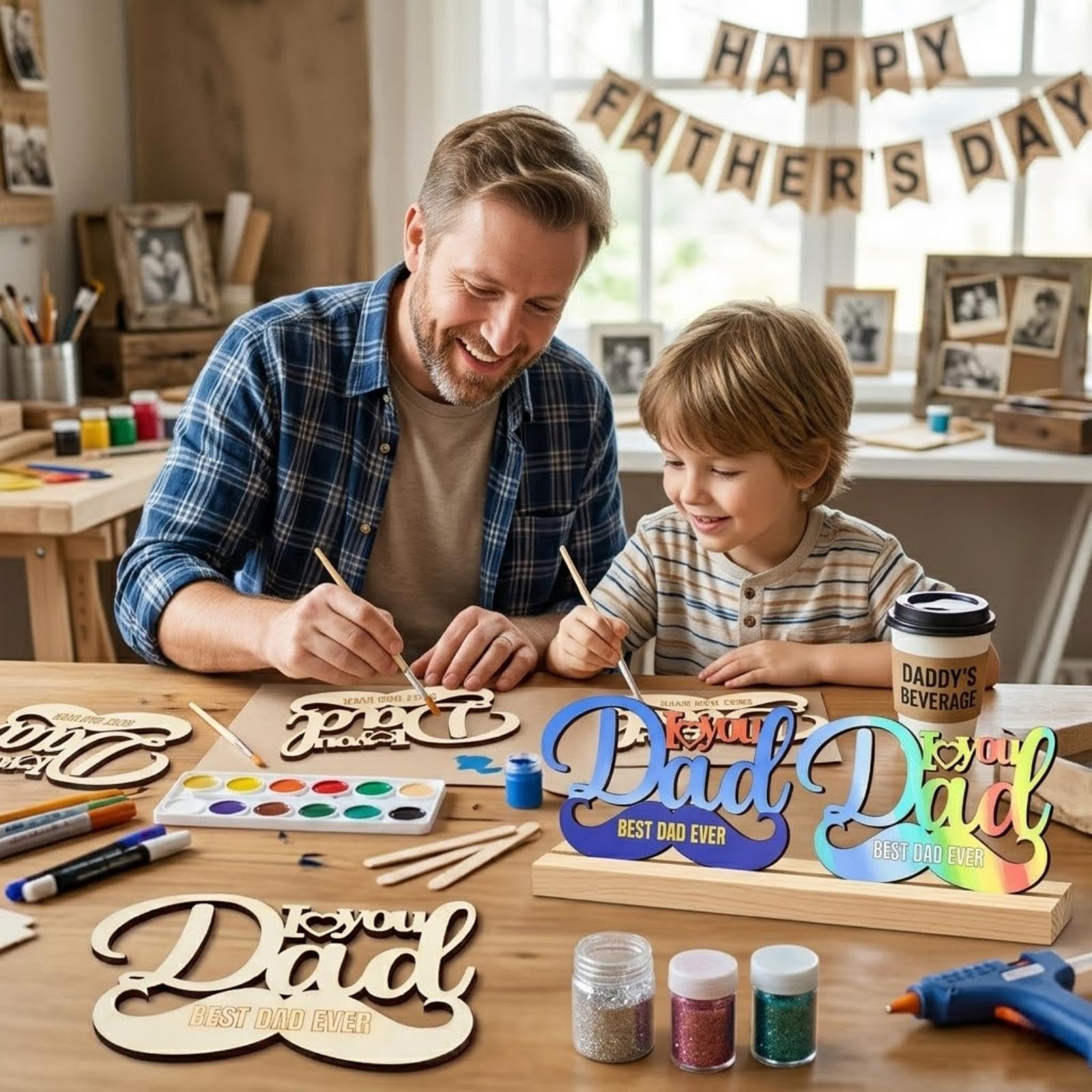 12 Pcs Happy Fathers Day Crafts for Kids- Father's Day Unfinished Wooden Crafts,Wooden Dad Ornaments Hanging Party Decorations,DIY Activities School Home Classroom for Father's Day Crafts Gift - Image 3