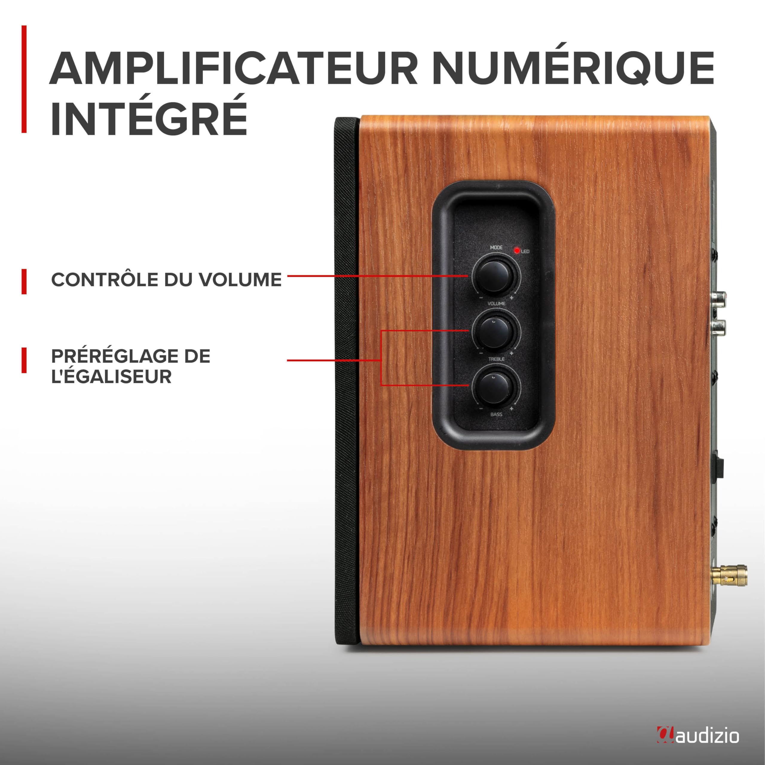 Audizio KS01 Enceintes Hi-FI Bibliothèque Actives 80W avec BT 5.0, Woofer 4" et Tweeter 1,25", Réglages Graves et Aigus, DSP avec Préréglages, Finition Bois Élégante