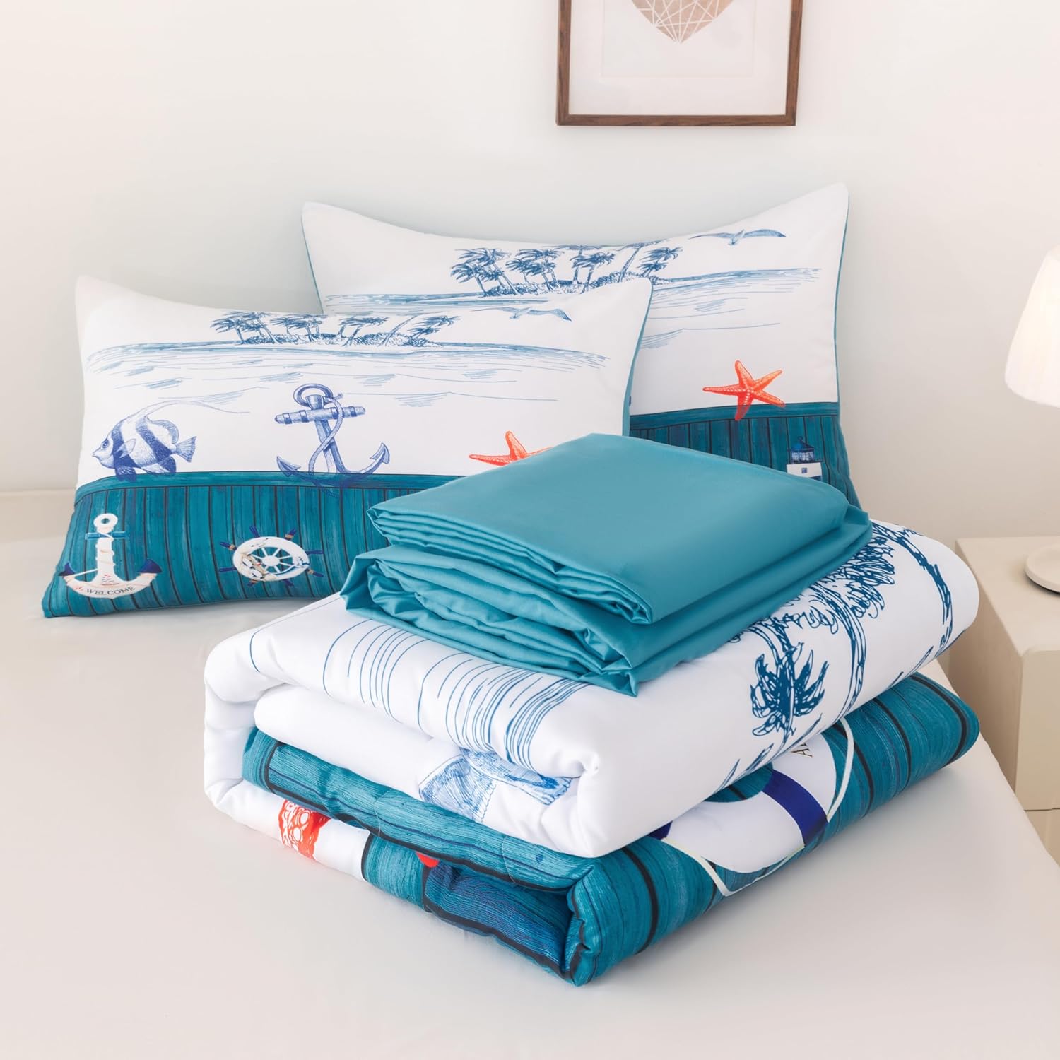 Blue White Nautical Comforter Set Queen, 5pc Ocean Maritime Themed Bedding Set, Include Lightweight Quilt, 2 Pillowcases, Flat & Fitted Sheet, Microfiber Bedding for Kids Teens(Dark Blue(5pcs), Queen)