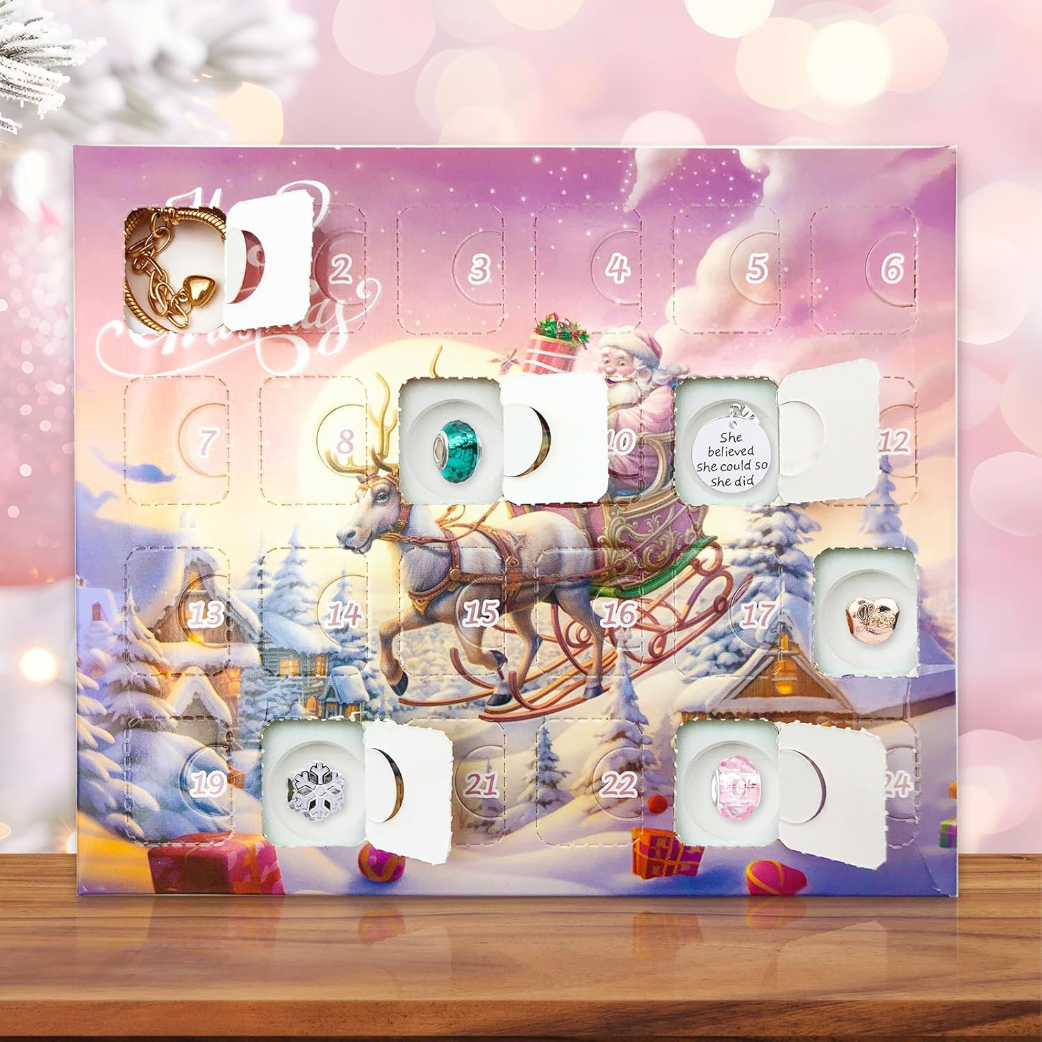 2025 Pink Christmas Charm Bracelet Advent Calendar, Blind Box with 22 Pendants and 2 Bracelets, 24 Days Countdown Charm Bracelet Advent Calendar Contains 24 Gifts for XMAS Tree Hanging Ornaments Decorations Christmas Eve - Image 7