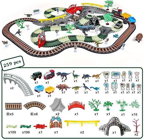 Miniatura 3 de Juego de pistas de tren de dinosaurios, pista de autos de carreras de dinosaurios 2 en 1, 259 piezas de juguetes flexibles de dinosaurio con 4
