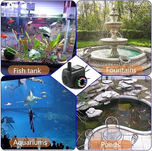 Miniatura 8 de Bomba de agua sumergible de 220 GPH (800LH, 15W), ultra silenciosa, 12 luces LED coloridas con 2 boquillas, cable de alimentación de 6 pies para
