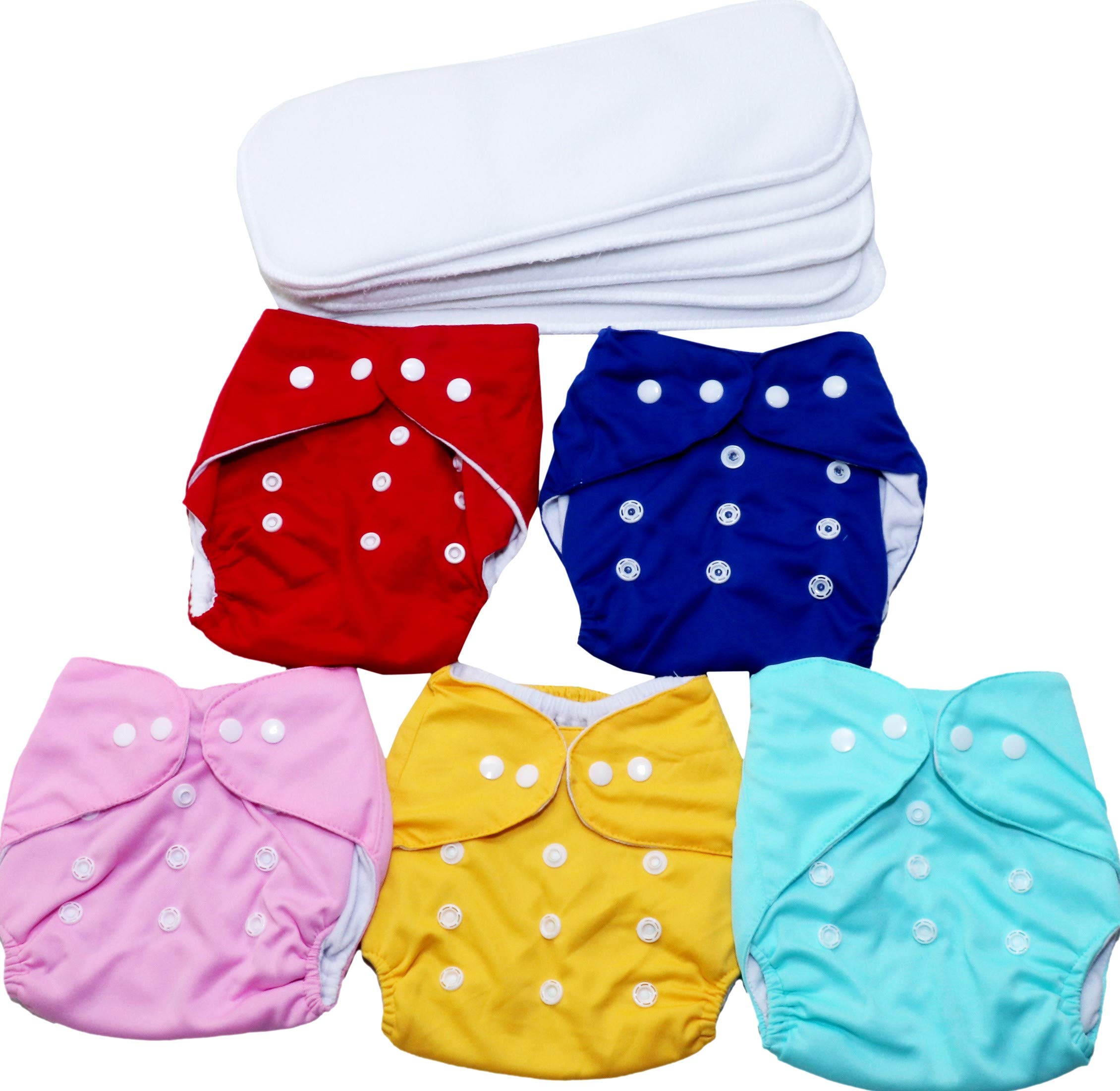 MOMY MOM Reusable Washable Free Size New Born Baby Cloth Diapers; Combo with 4 Layer Inserts, Multicolor, 0-24 Months-Pack of 5