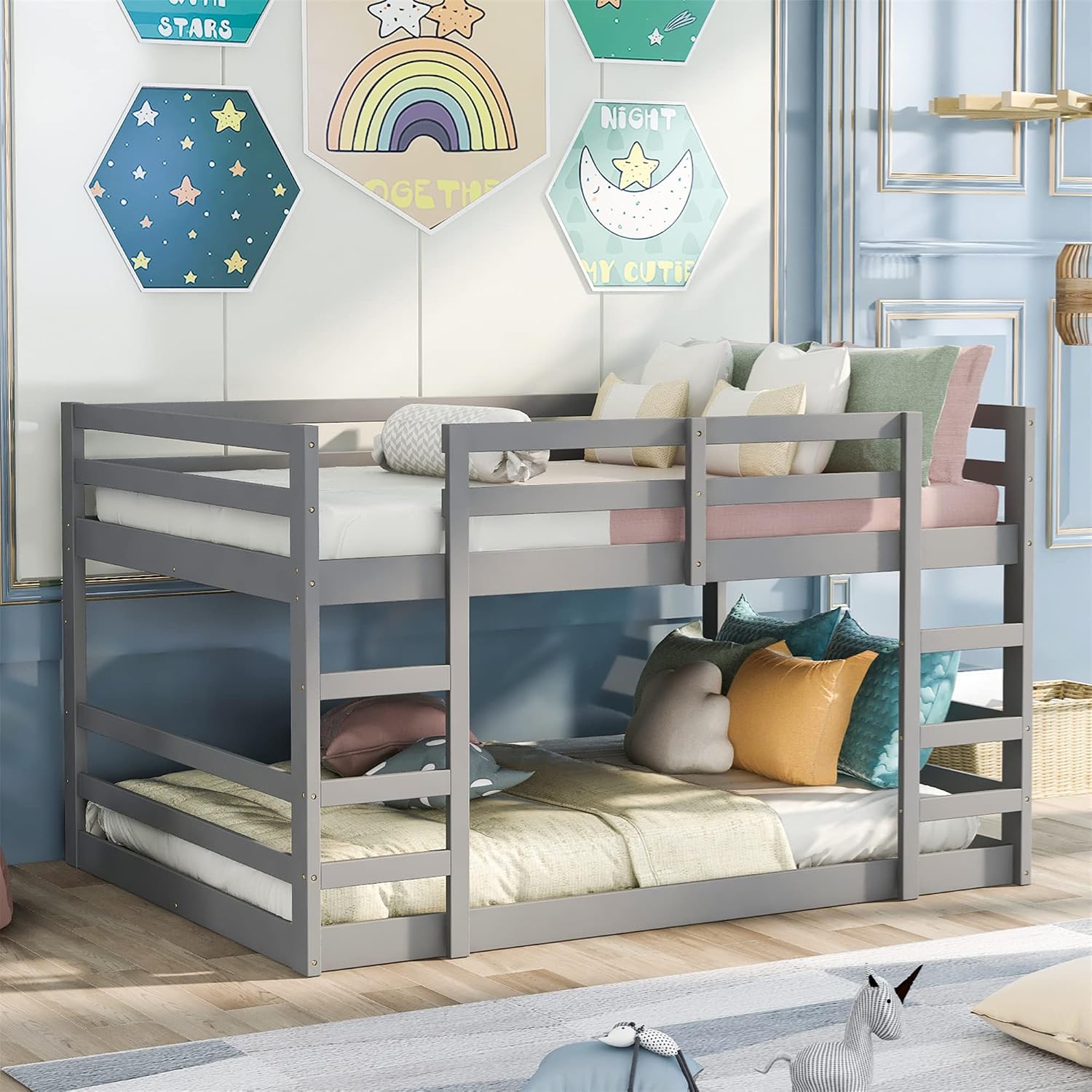 CITYLIGHT Low Bunk Beds Full Over Full, Wooden Floor Bunk Bed for Bunk Beds with 2 Ladders for Teens Bedroom, Dorm （Full,Grey）