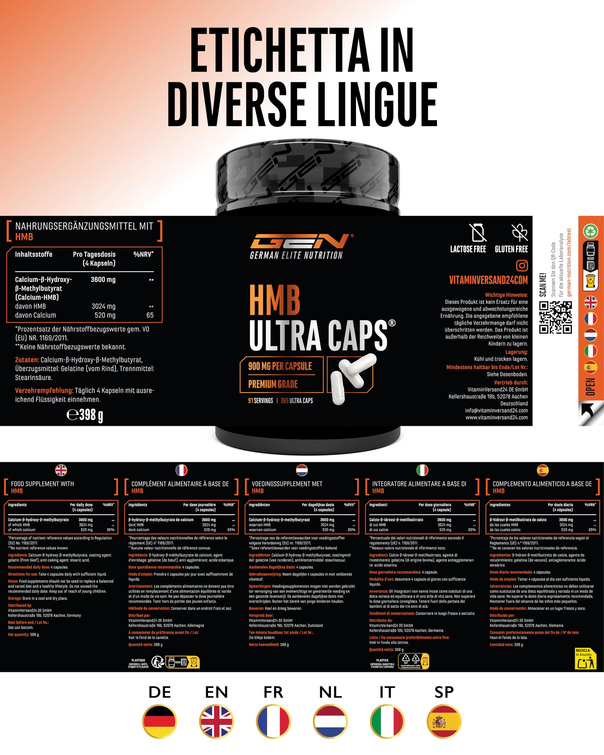HMB Ultra Caps - 365 capsule - Altamente dosato con 3600 mg di calcio β-idrossi-β-metilbutirrato puro (calcio HMB) per dose giornaliera - Senza additivi inutili
