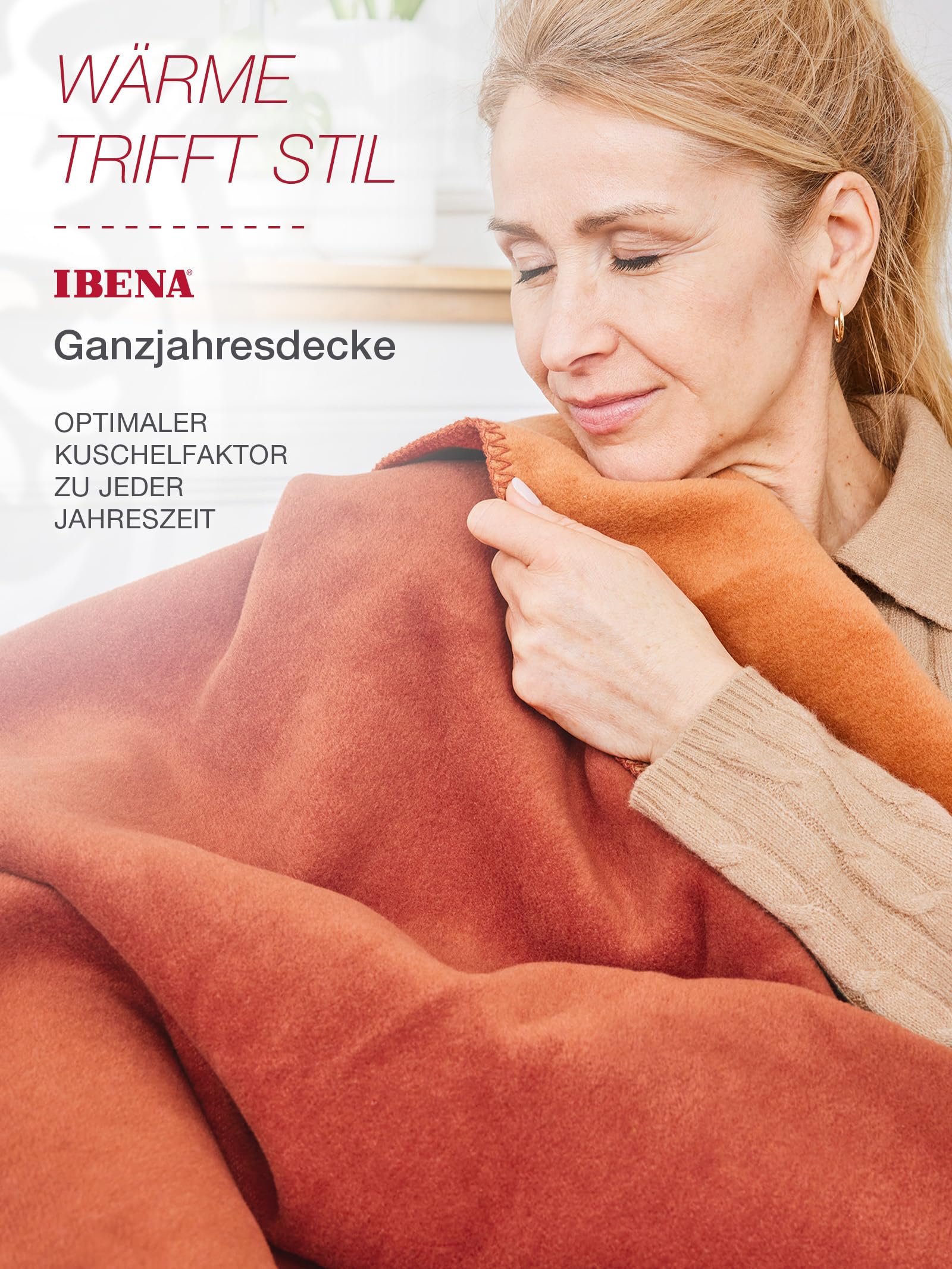Ibena Dublin Decke 150x200 cm - Baumwollmix kuschelig, warm & waschbar, Wendedecke Terracotta orange