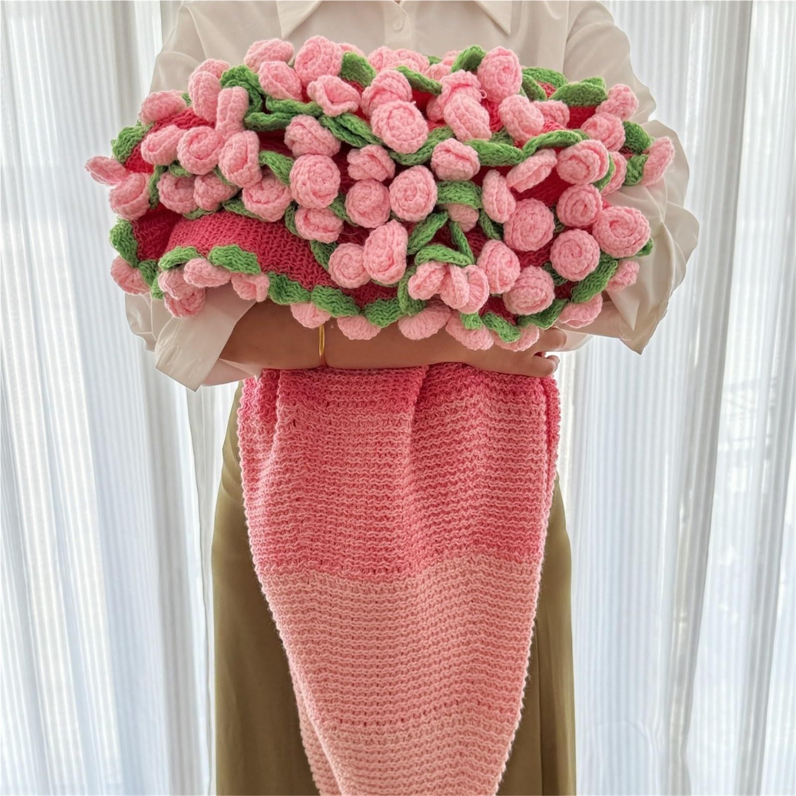 FRZXBKW 160CM Large Crochet Bouquet of Flowers, DIY Handmade Rose Blanket, Rose Bouquet Blanket Handmade, Flower Bouquet Throw Blanket, Crocheted Roses Blankets(Pink Rose 2,120cm)