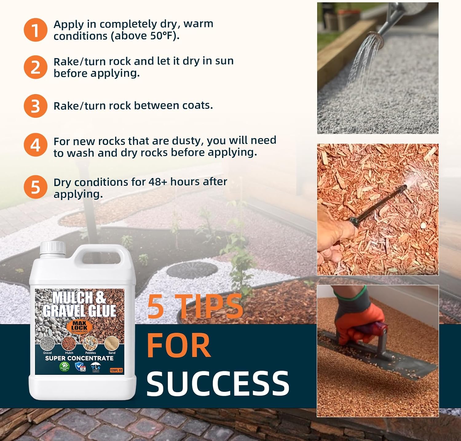 Mulch Glue for Landscaping, Rock Glue & Gravel Binder, Fast-Dry Non-Toxic Mulch Stabilizer, Weather-Resistant for Pea Gravel, Pebbles, Pine Straw, Garden Paths & Patios (Clear-A02)