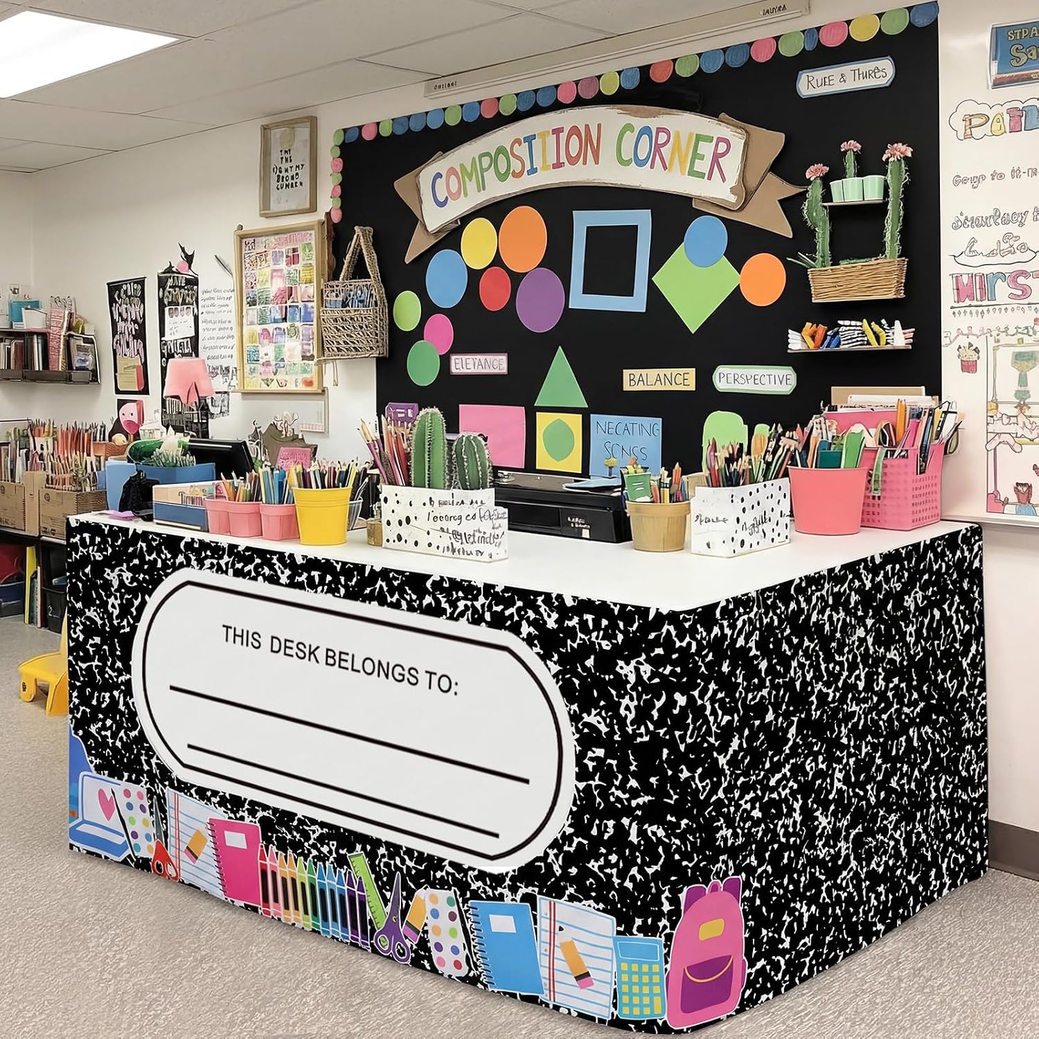 Frienda 6 ft Black and White Composition Teacher Desk Skirt, Modern image 3