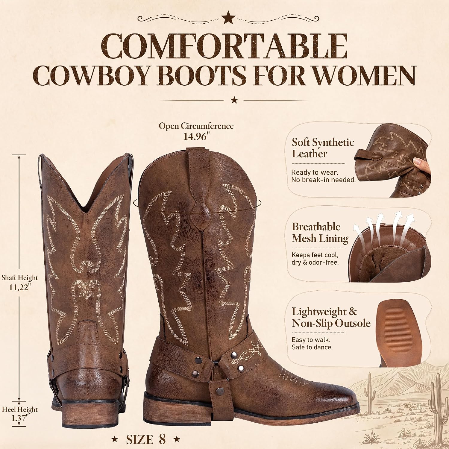 SheSole Womens Square Toe Cowgirl Cowboy Boots Wide Calf Fashion Western Shoes