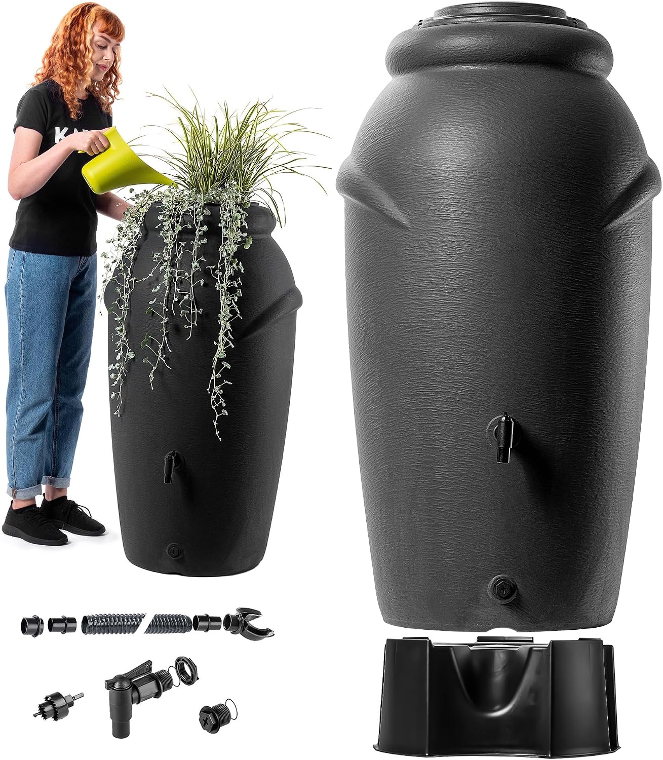 KADAX Plastic Water Butt 210 Litres Rainwater Tank with Base Tap and Plant Bowl Decorative Rain Tank Frost-Proof Rain Barrel