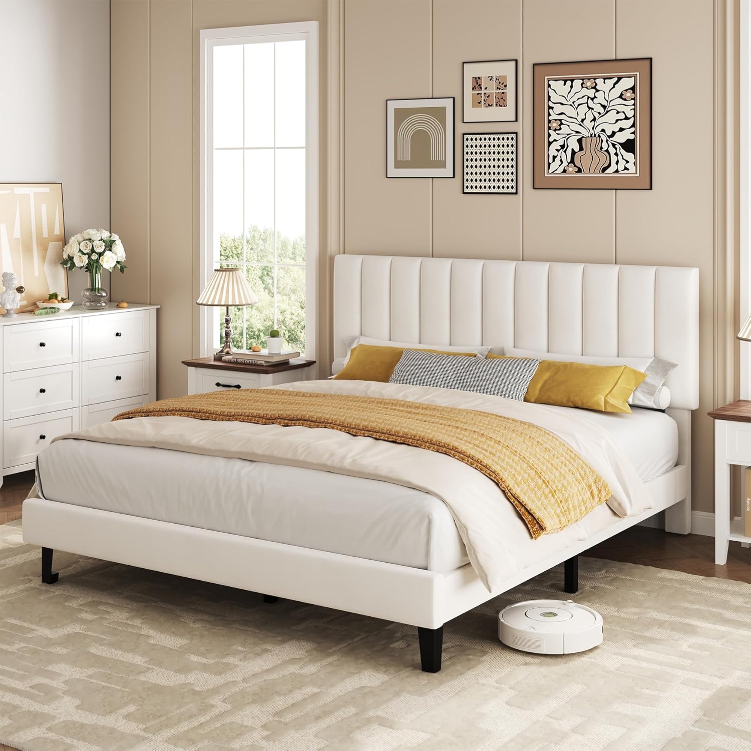 Garvee Queen Bed Frame with Adjustable Vertical Channel Tufted Headboard, Upholstered Platform Design with Sturdy Wooden Slats, Noise-Free & Easy Assembly for Bedroom, White