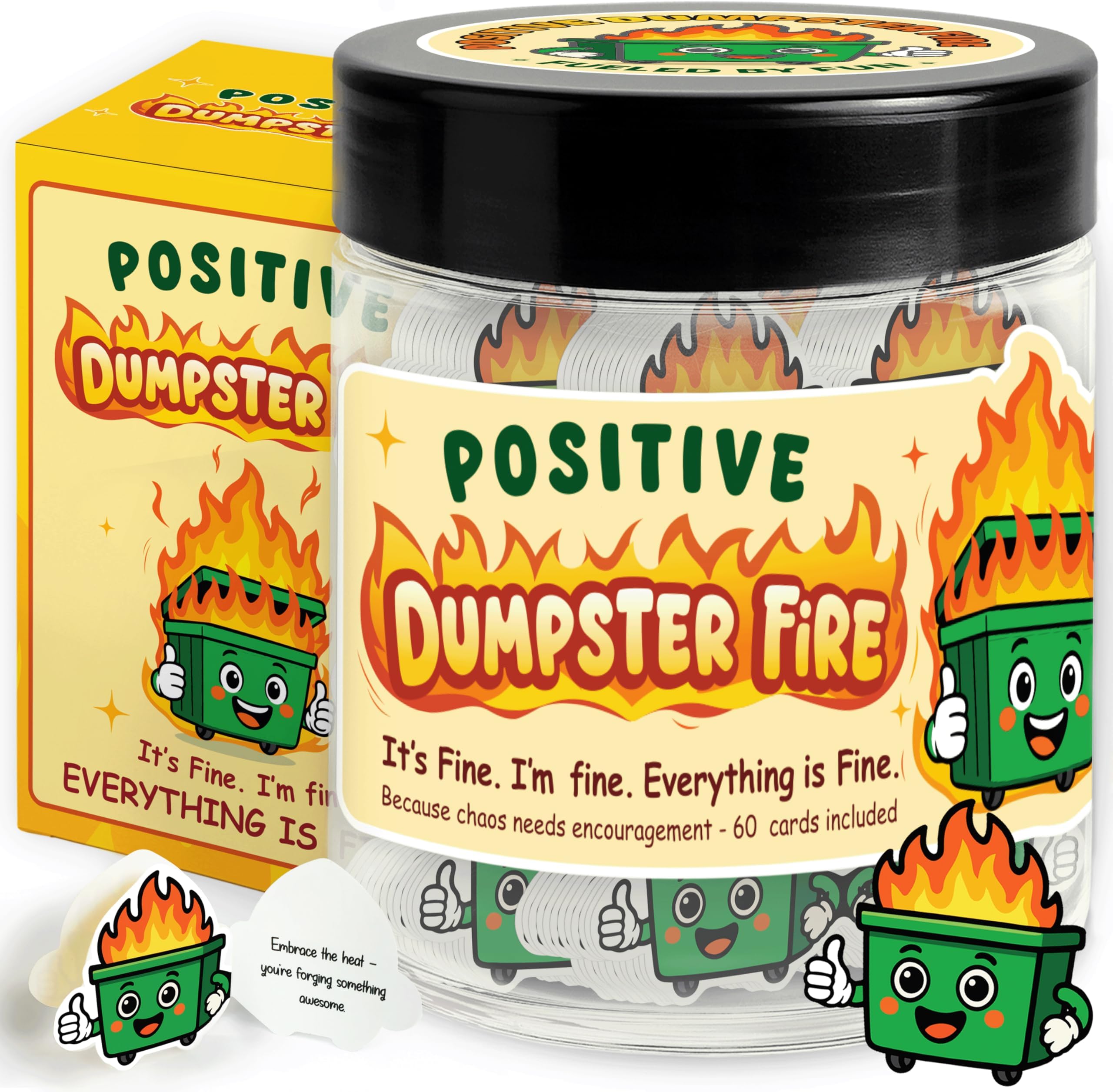 60 Positive Dumpster Fire Cards Jar - Emotional Support Dumpster Fire With Affirmation Cards - DumpsterFire Desk Accessories For Women, Men - Stress Relief Gifts, Encouragement Gifts For Coworkers