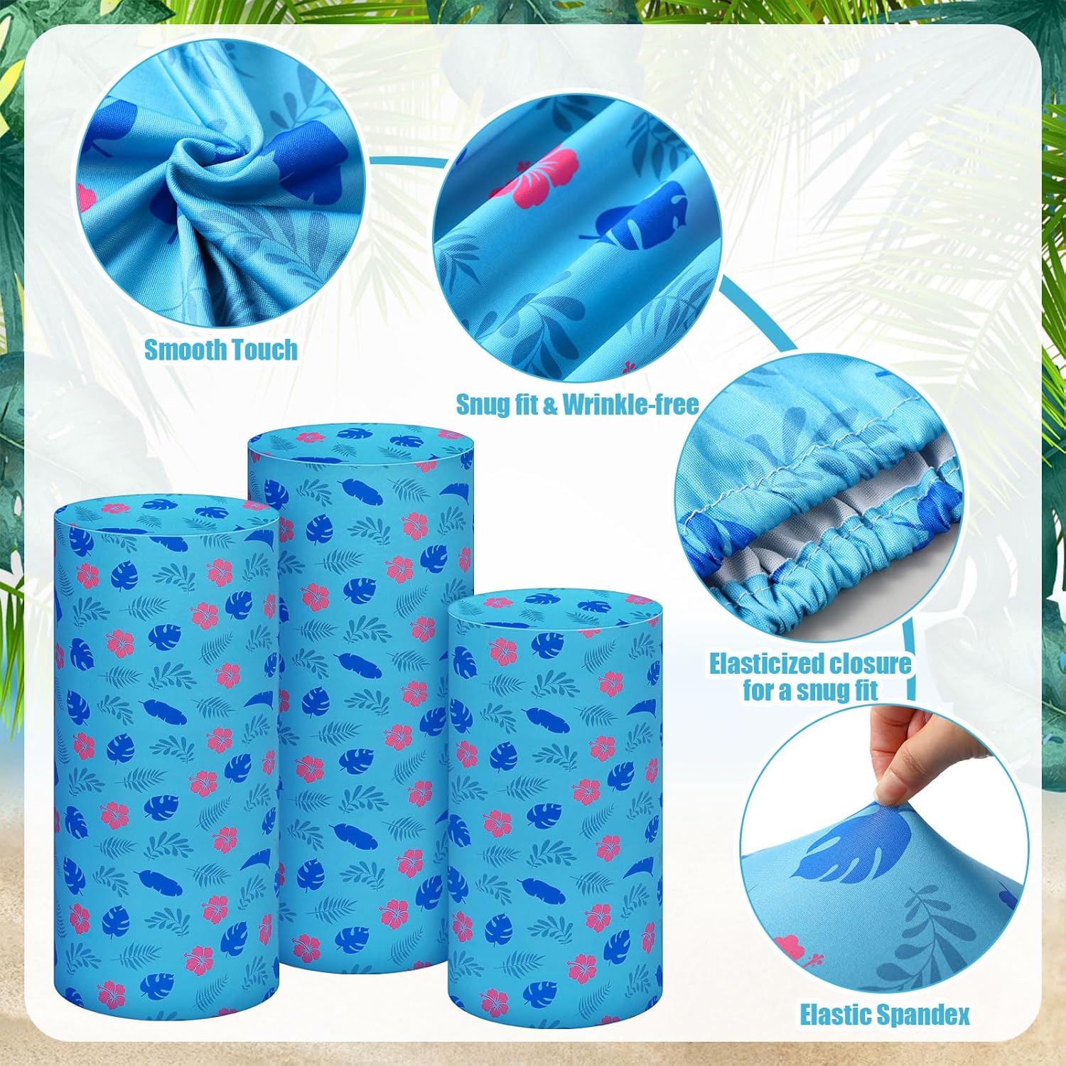 Weysat 3 Set Cartoon Hawaiian Cylinder Pedestal Stand Covers for Tropical Luau Birthday Party Blue Pink Hibiscus Pedestal Stand Lid for Summer Party Wedding Decor, Only Contains Cylinder Cover