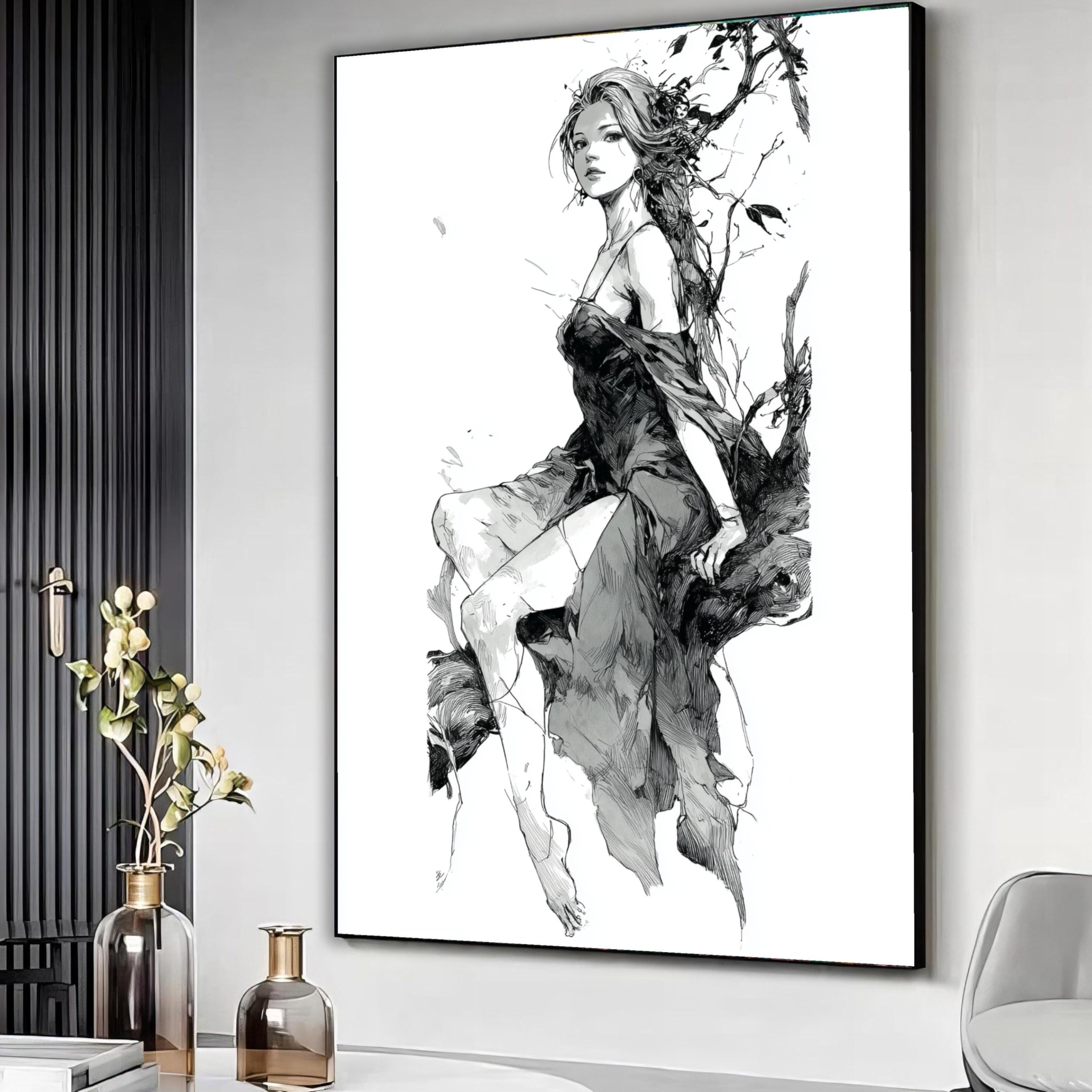 XBTYKPB Woman Sitting on Tree Branch, Black and White Sketch Canvas, Artistic Female Portrait, Wall Art Decor, Inspired Painting(80x110cm/Frameless)