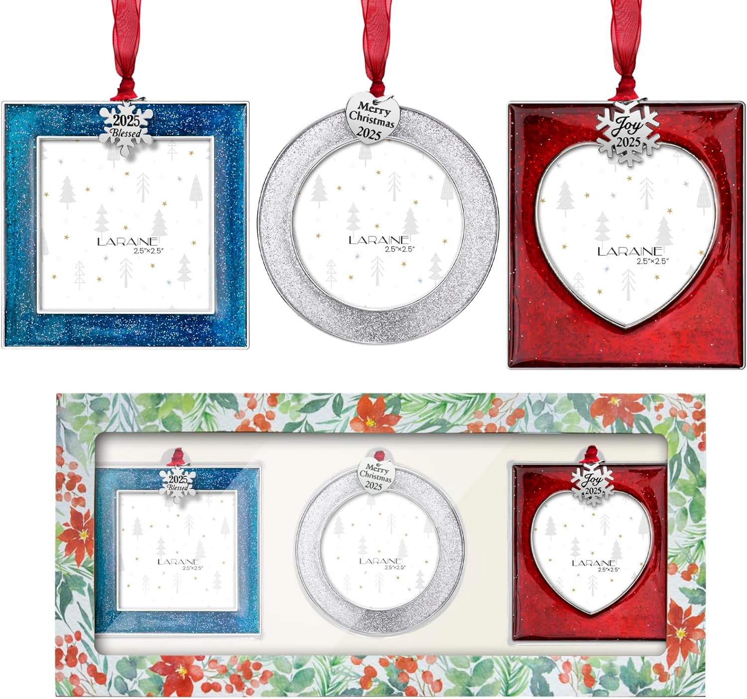 Laraine Christmas Tree Ornaments 3 Pieces – Decorative Hanging 2025 Pendant with 2.5” Picture Frame Insert for Pet Holiday Keepsake Gift (Colorful-A-Set (2025))