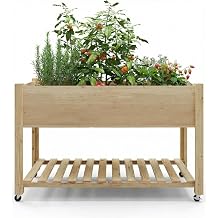 Wooden Raised Garden Bed with Wheels and Legs, Planter Box with Storage Shelf & Protective Liner, Outdoor Raised Planter Box for Growing Vegetables and Herbs, Easy Assembly