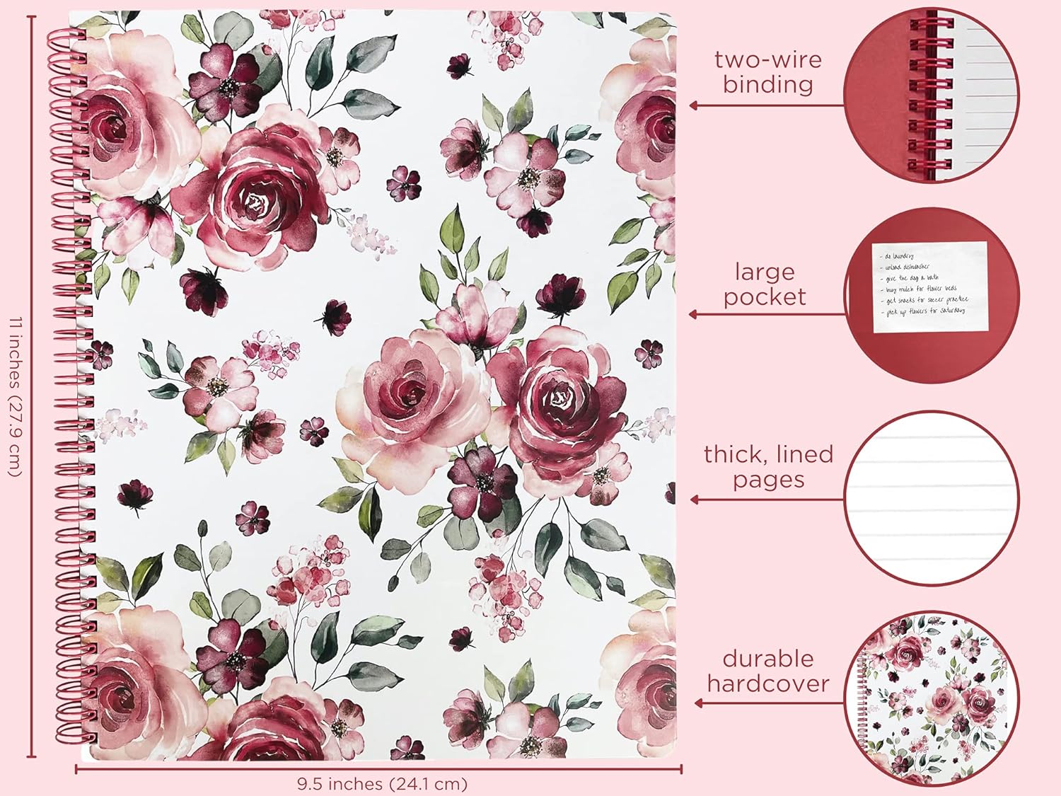 Steel Mill & Co Cute Large Spiral Notebook College Ruled, 11" x 9.5" with Durable Hardcover and 160 Lined Pages, Rose Floral : Office Products