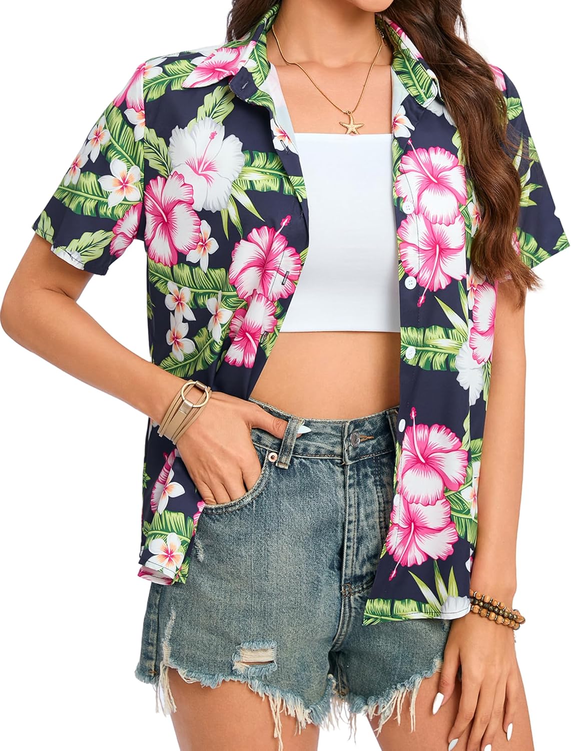 Hawaiian Shirts for Women:Aloha Shirt Summer Beach Button Up Floral Blouses Short Sleeve Hawaii Tropical Outfits Tops - Image 3