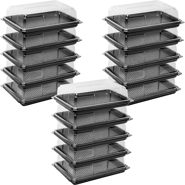 Deli Supplies Pack of 15 Mini Rectangle Food, Cake, Sandwich Platter Tray Set, Black Tray Base with Clear Lid Durable Buffet Catering Food Sandwich Trays (L250mm x W180mm x 70mm with Lids)