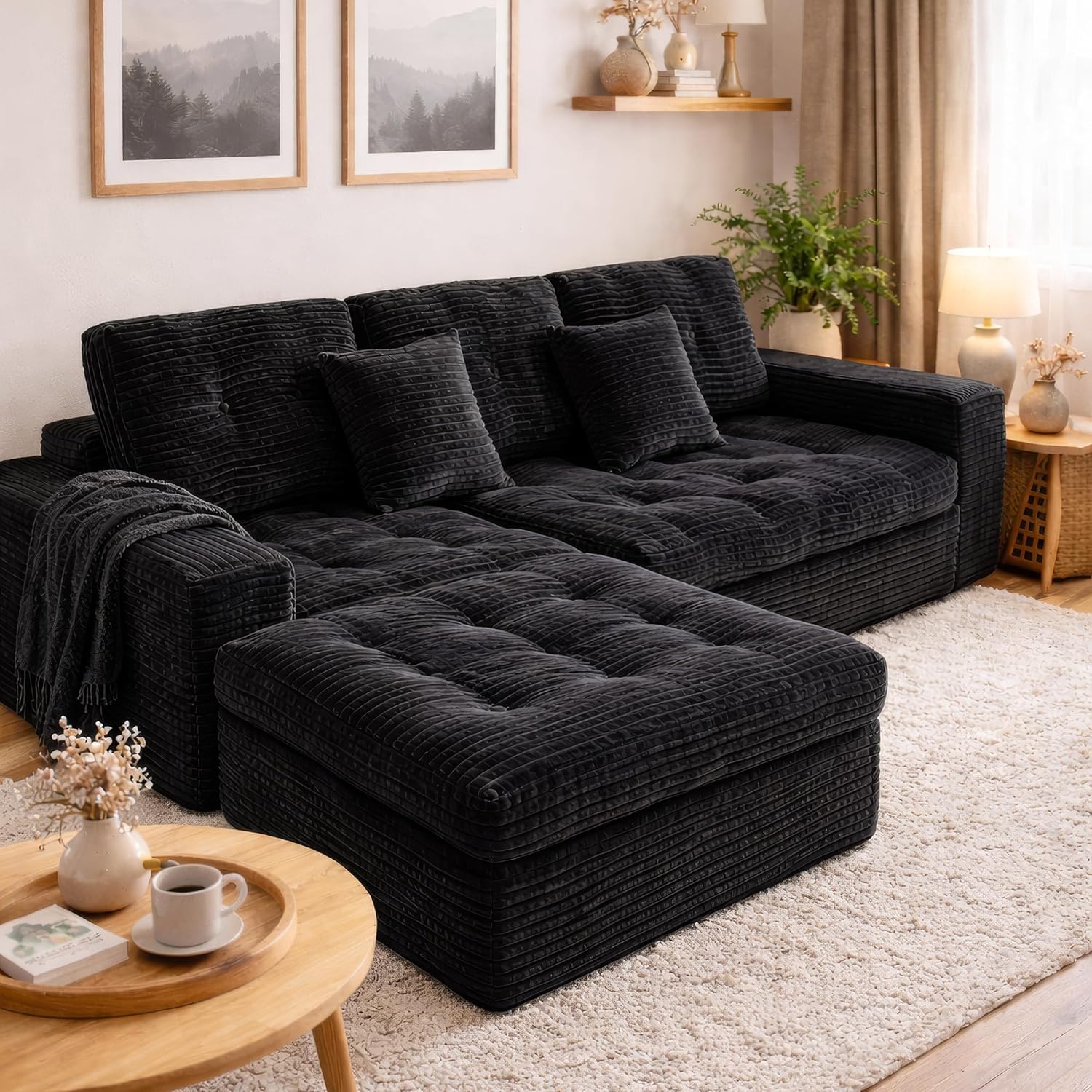 Eafurn 105" L-Shaped Boneless Modular Sectional Sofa with Movable Ottoman, Comfy Corduroy Floor Couch with Deep Seat and Tufted Seat, Flexible Module Combination for Living Room, No Assembly | Deep Seat, Wider Armrest, Free Combination, Tufted