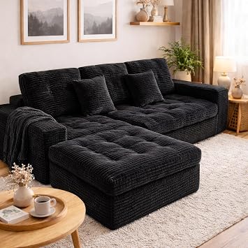 105" Sectional Couch with Ottoman, Modular Cloud Sofa L-Shaped Couch | Deep Seat Corduroy Upholstered Boneless Couches, No-Assembly Sofa for Living Room Bedroom, Black