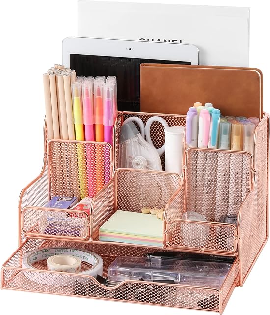 Dadanism Office Desk Organisers, Multifunctional Office Desktop Accessories Mesh Organisers and Workplace Supplies Holder Caddy with 7 Compartments and 1 Drawer for Home, Office, School, Rose Gold