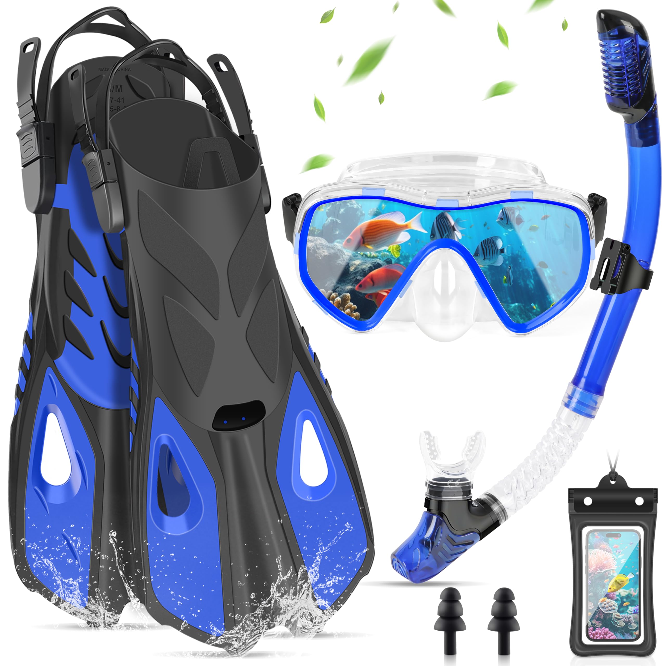 IEEILULU Set da Snorkeling 7 Pezzi per Adulti con Occhiali Antiappannante, Boccaglio e Pinne Regolabili