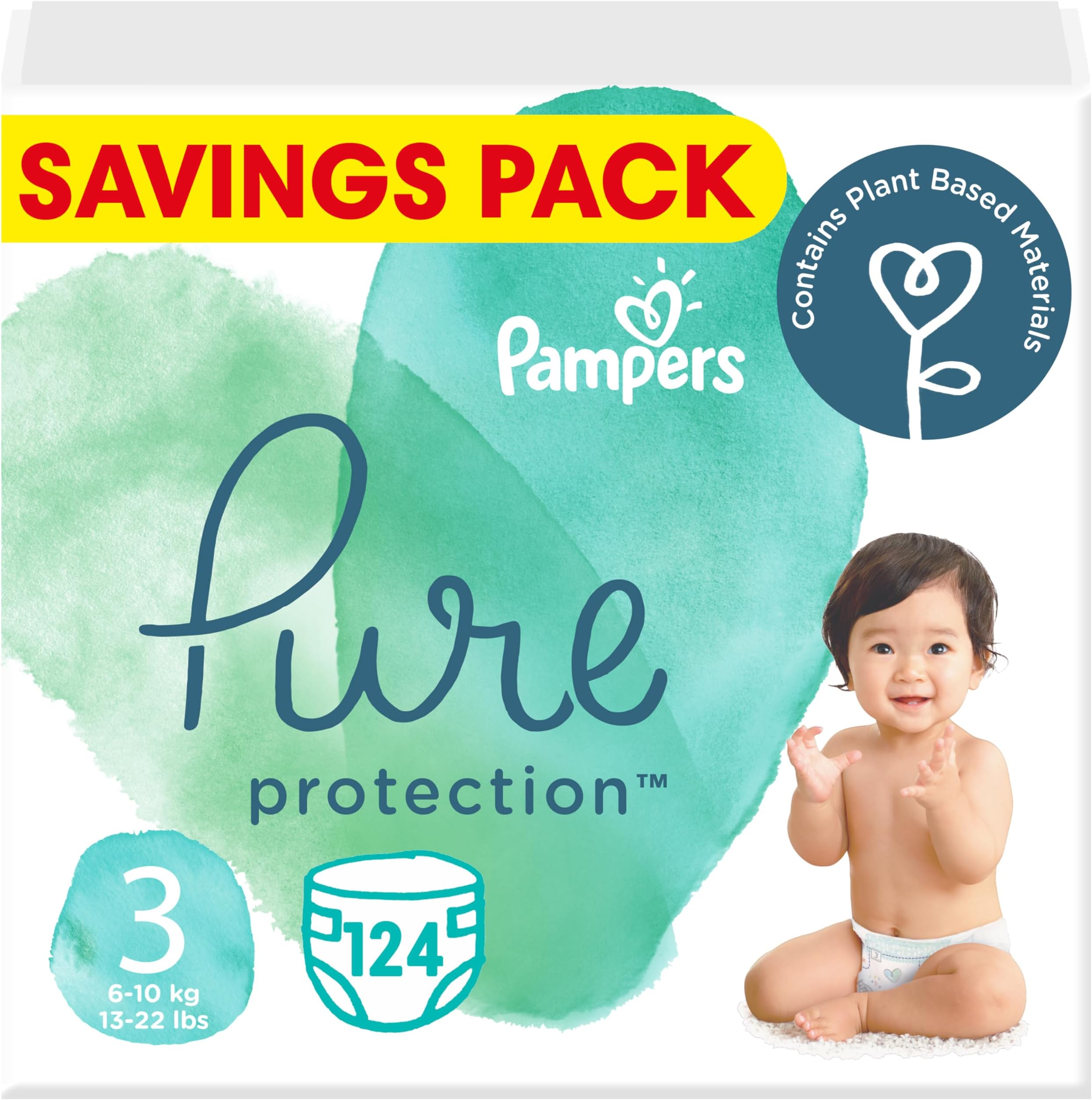 PampersPure Protection Dermatologically Tested Diapers, Size 3, 124 Diaper Count