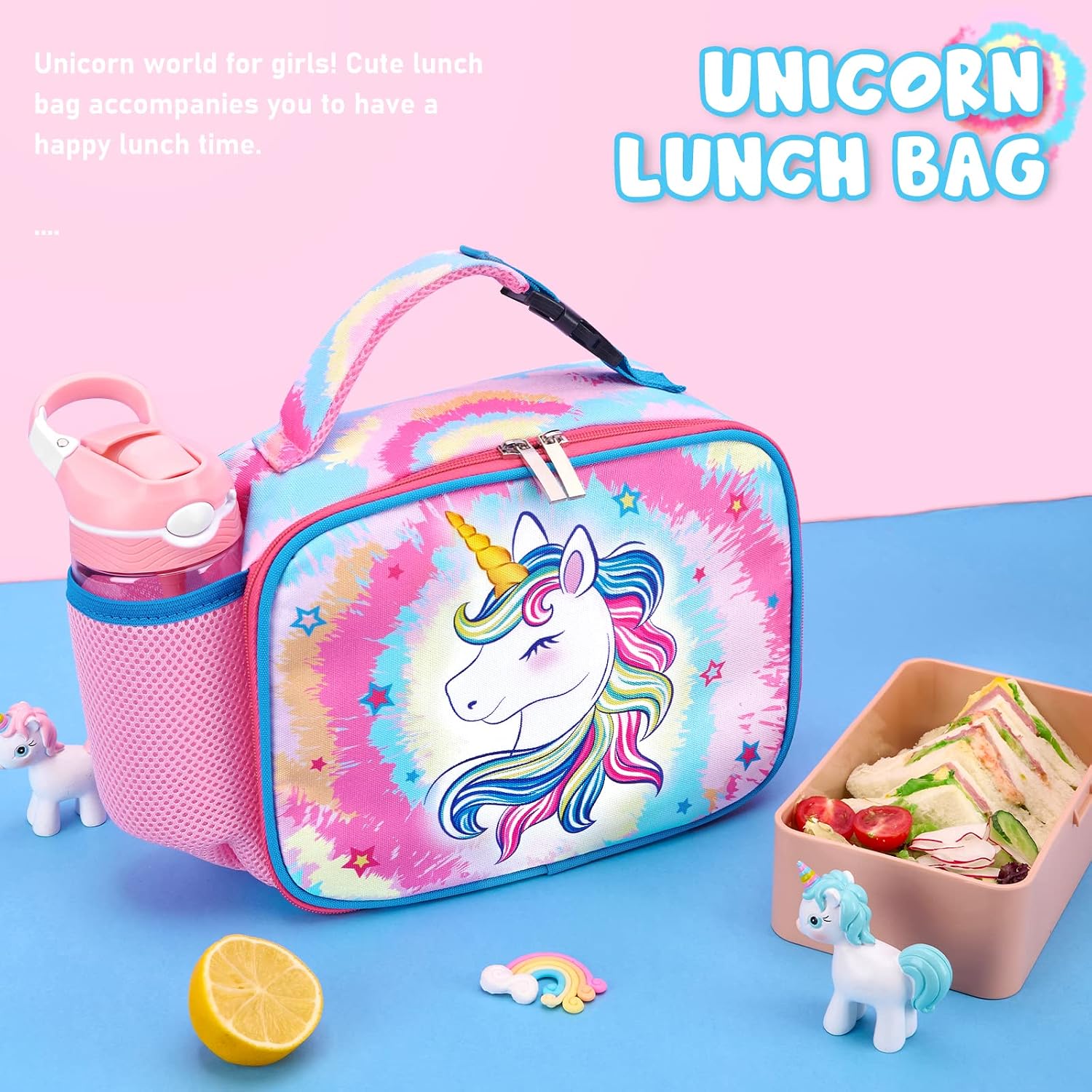 WAWSAM Unicorn Kids Lunch Bag - Insulated Lunch Box for Girls & Boys, Reusable Pink with External Bottle Holder