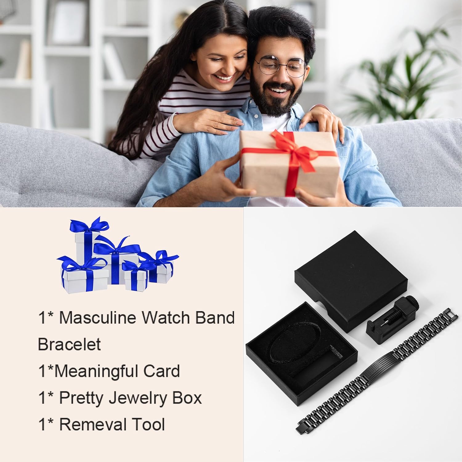 P. BLAKE Gifts for Best Ever Dad Husband Boyfriend Son Uncle, Stainless Steel American Flag Watch Band Link Bracelet Jewelry Gifts for Men Him - Image 5