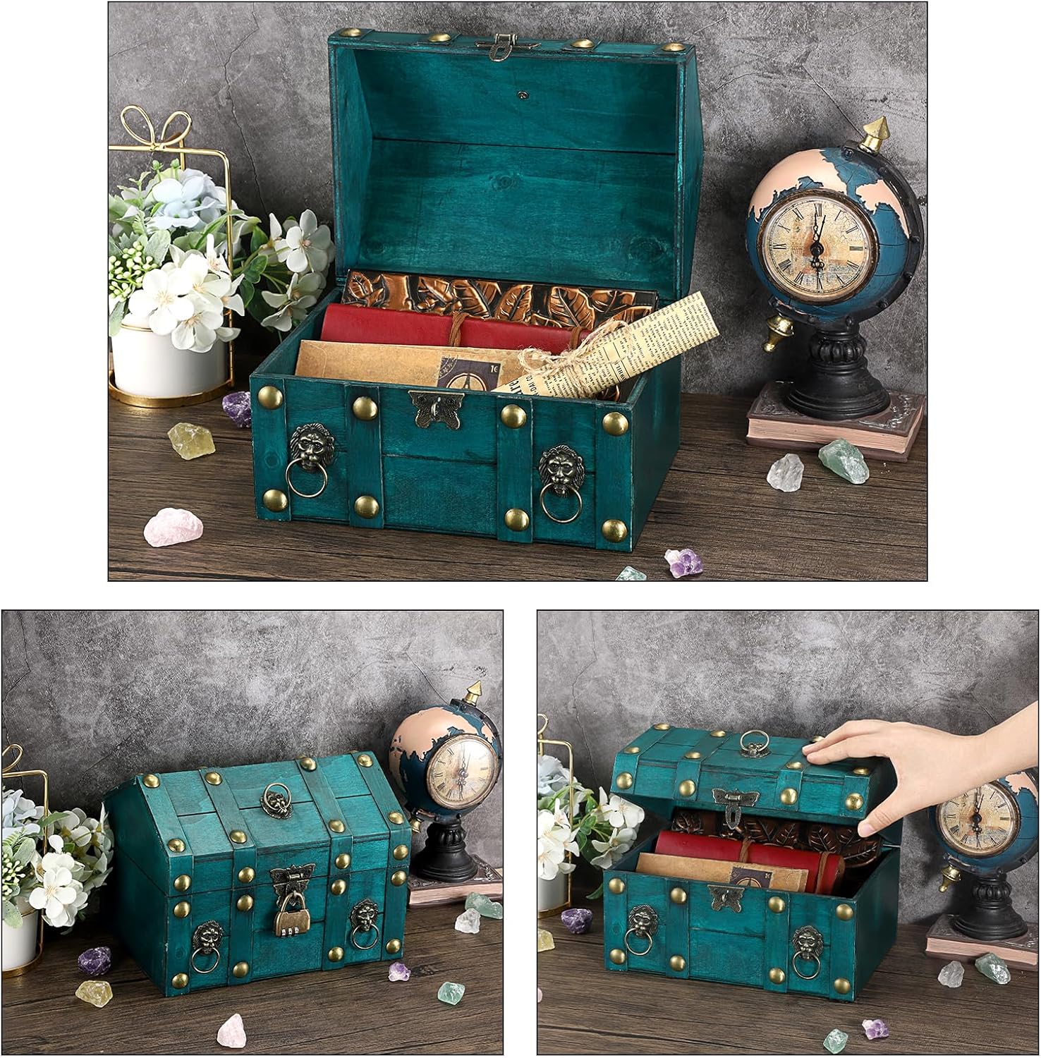 ELLDOO Product image Wooden Treasure Chest with Lock, Vintage Pirate Chest Keepsakes Box for Kids Gifts, Handmade Treasure Storage Green Decorative Box for Jewelry Coins Collectibles, Large