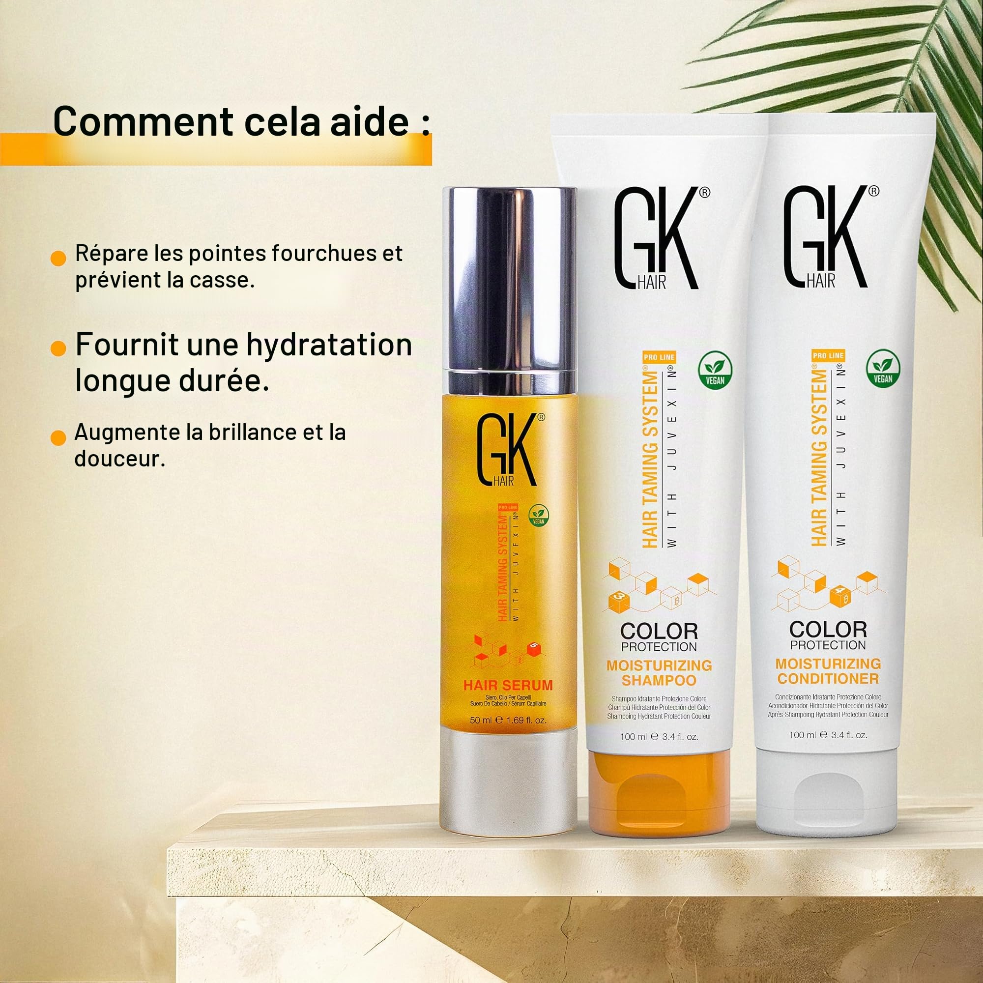 GK HAIR Global Keratin Moisturizing Shampoo and Conditioner Sets (3.4 Fl Oz/100ml) with Anti Frizz Serum Argan Oil (1.69 Fl Oz/50ml) for Dry Damaged Repair - All Types Sulfate Paraben Free Unisexe