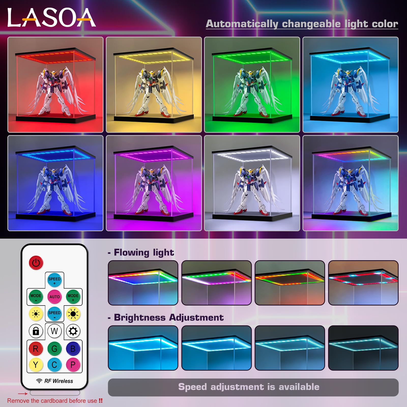 LASOA Acrylic Display Case with RGBW Color Changing LED Light, Clear Display Box for Action Figures and Collectibles, Self-Assembly Dustproof Showcase with Black Base, 7.9x5.9x13.8inch