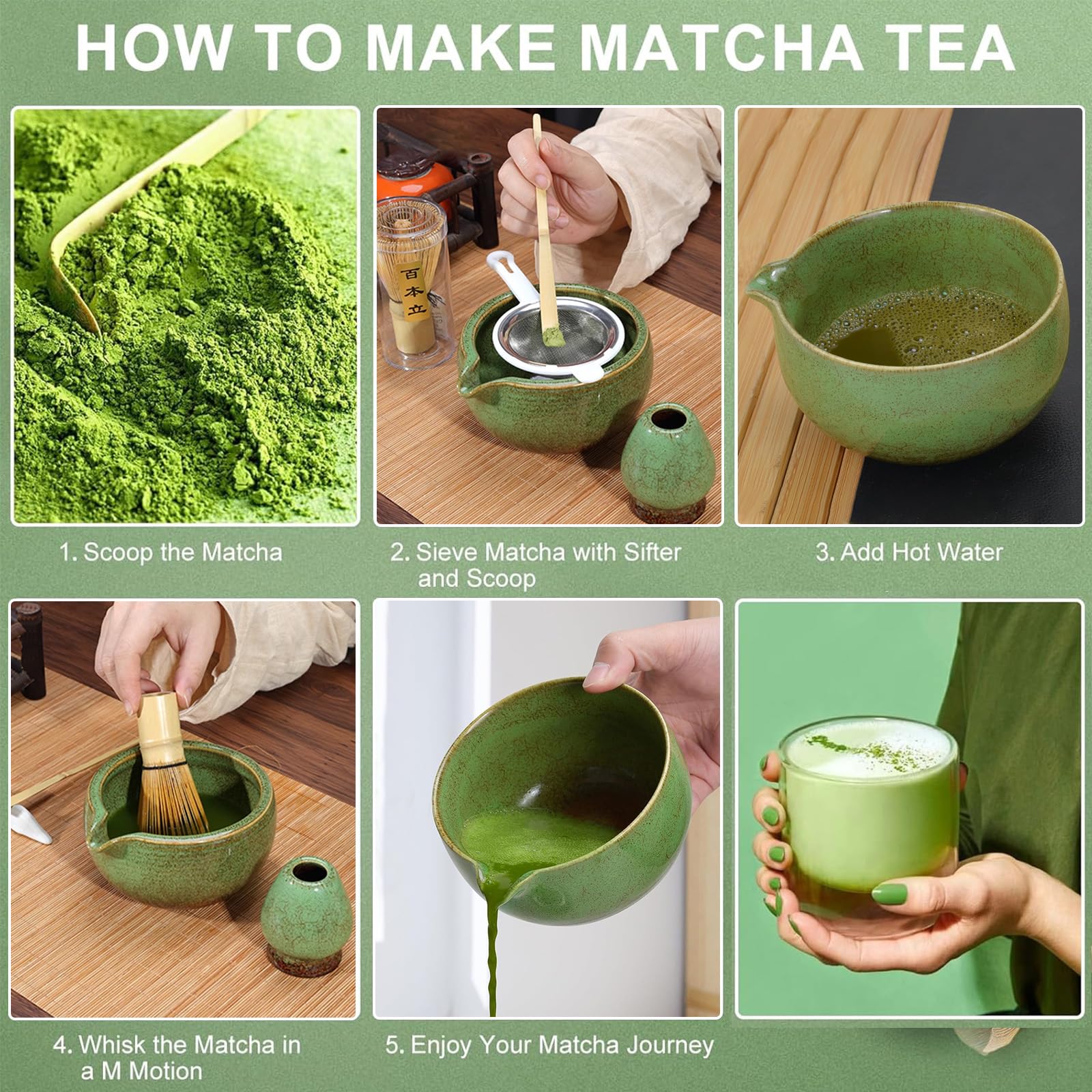 Matcha Kit 7 Piezas, Ciotola Matcha con Beccuccio, Frusta al Matcha, Supporto per Frusta, Cucchiaino, Asciugamano per Tè, Filtro, Matcha Set Perfetto per Macha (Verde Screziato)